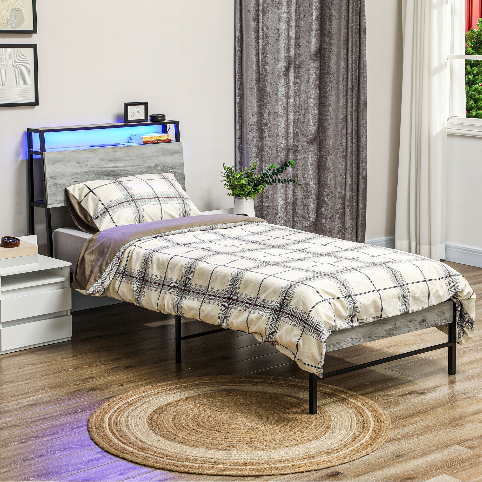 HOMCOM Single Steel Bed Frame, with LED Lights and Headboard Shelf - Grey