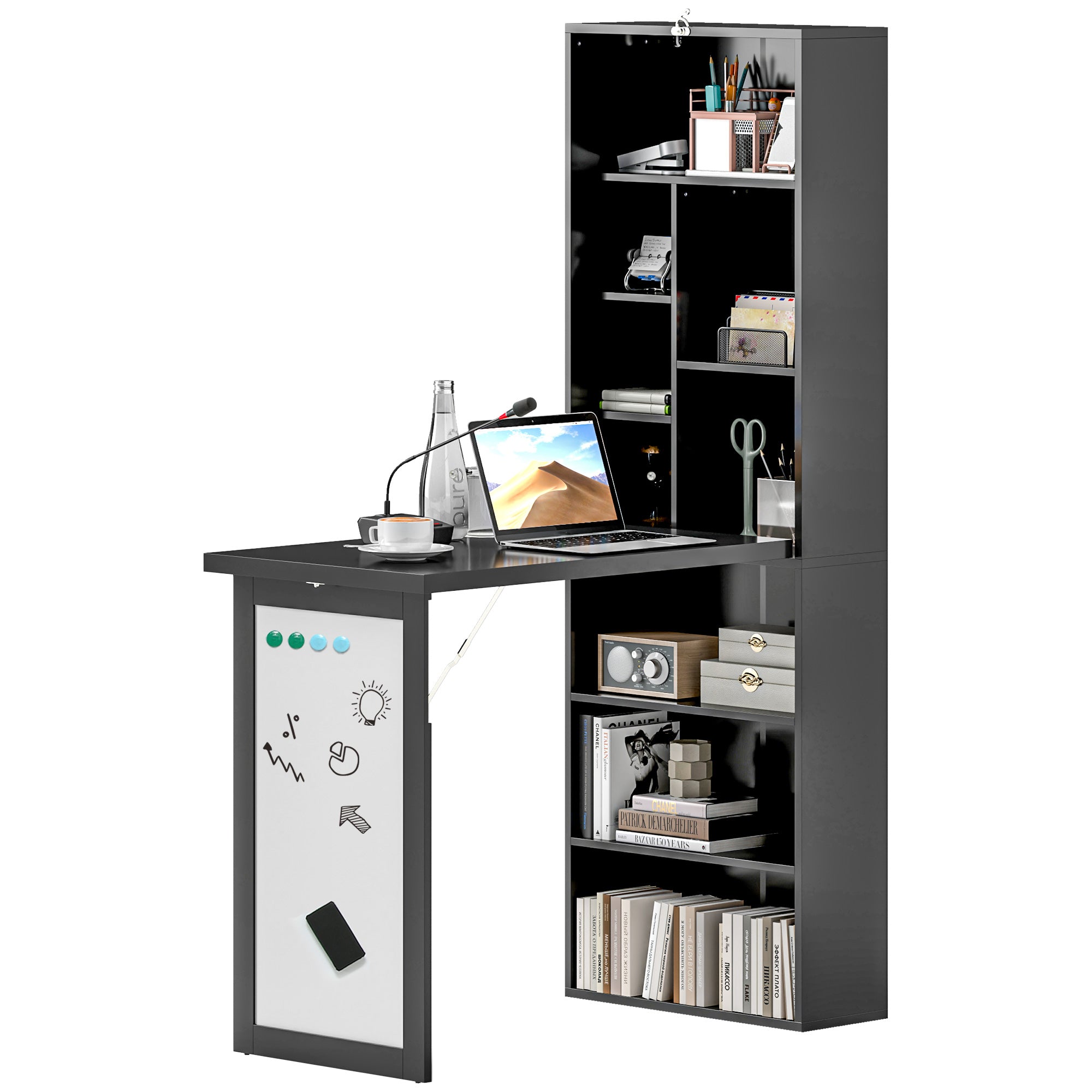 HOMCOM Three-Part Work Desk, with Storage and Chalkboard - Black