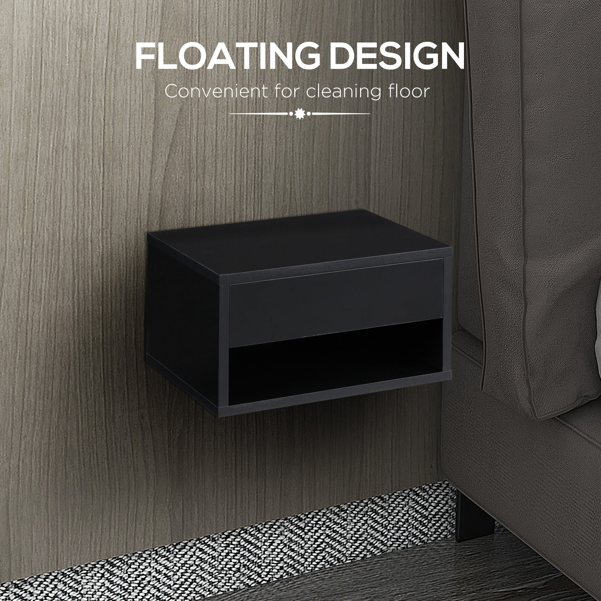 HOMCOM 2 Pieces Bedside Table Wall Mounted Nightstand with Drawer and Shelf for Bedroom, 37 x 32 x 21cm, High Gloss Black - North Peak Garden Furniture