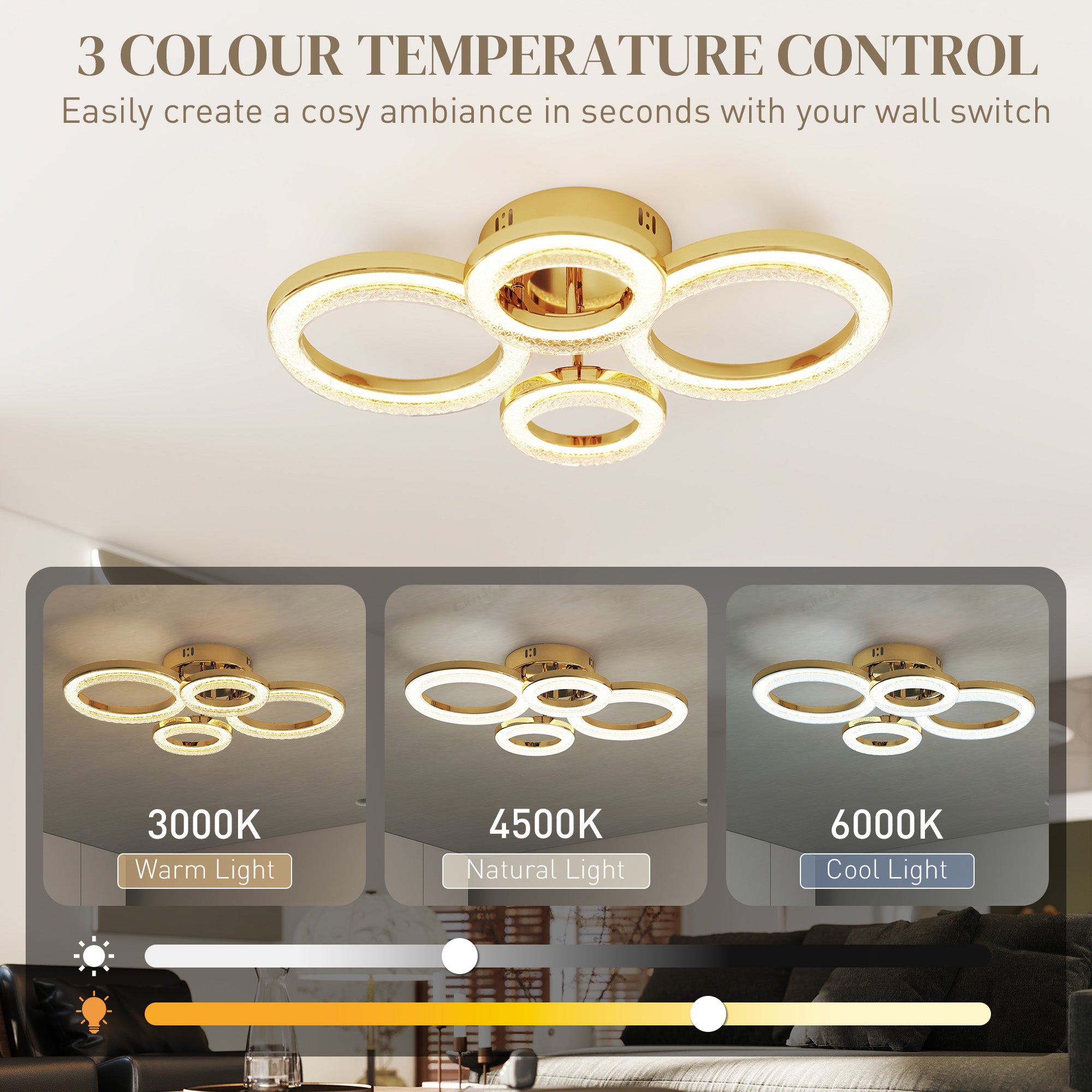 HOMCOM LED Ceiling Light, Modern 4 Rings Ceiling Lamp with Wall Switch Control, 40W 4350lm Flush Mount Ceiling Light with 3500K/4500K/6000K Colour Temperatures for Living Room, Bedroom, Gold Tone