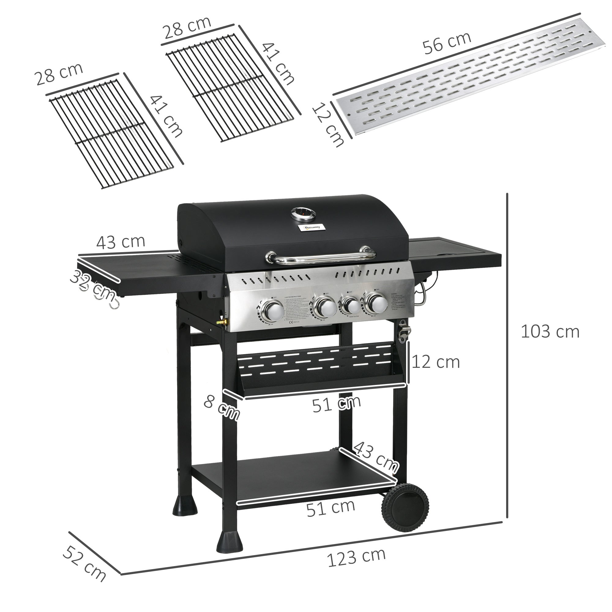 Outsunny Four-Burner Steel Gas Grill, with Thermometer - Black
