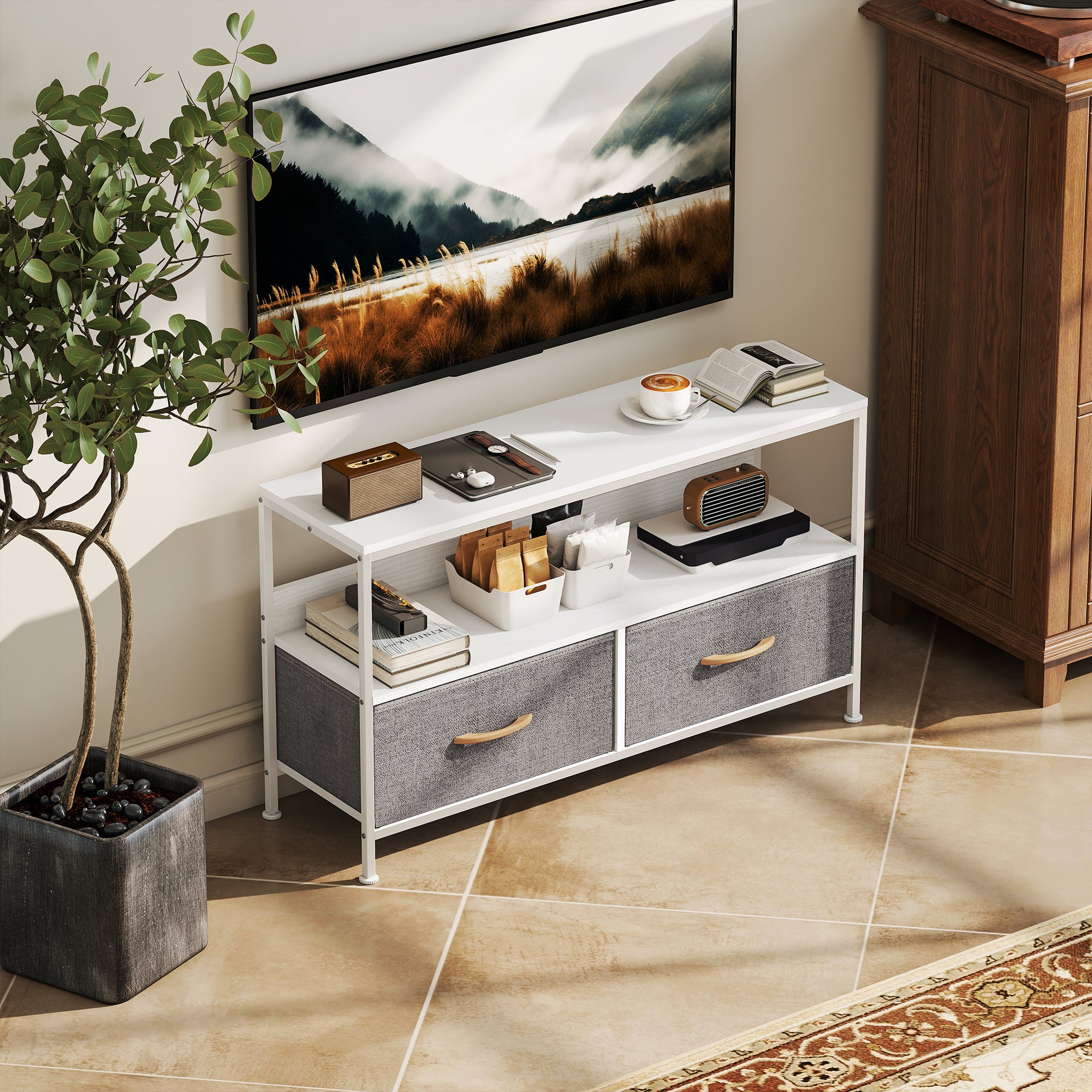 HOMCOM TV Stand Cabinet with 2 Foldable Drawers - White