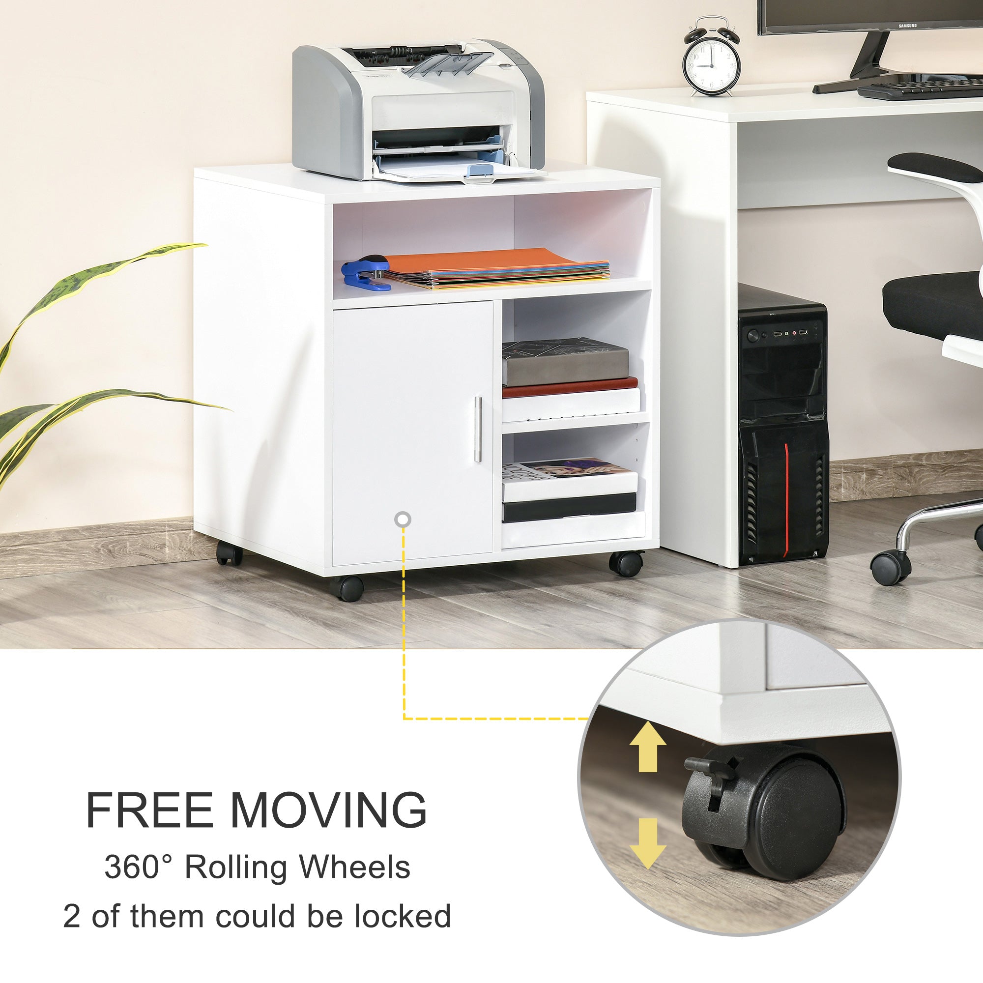 HOMCOM Mobile Printer Stand with Multiple Storage, Office Desk Side Unit on Wheels, Modern Design, 60L x 50W x 65.5H cm, White