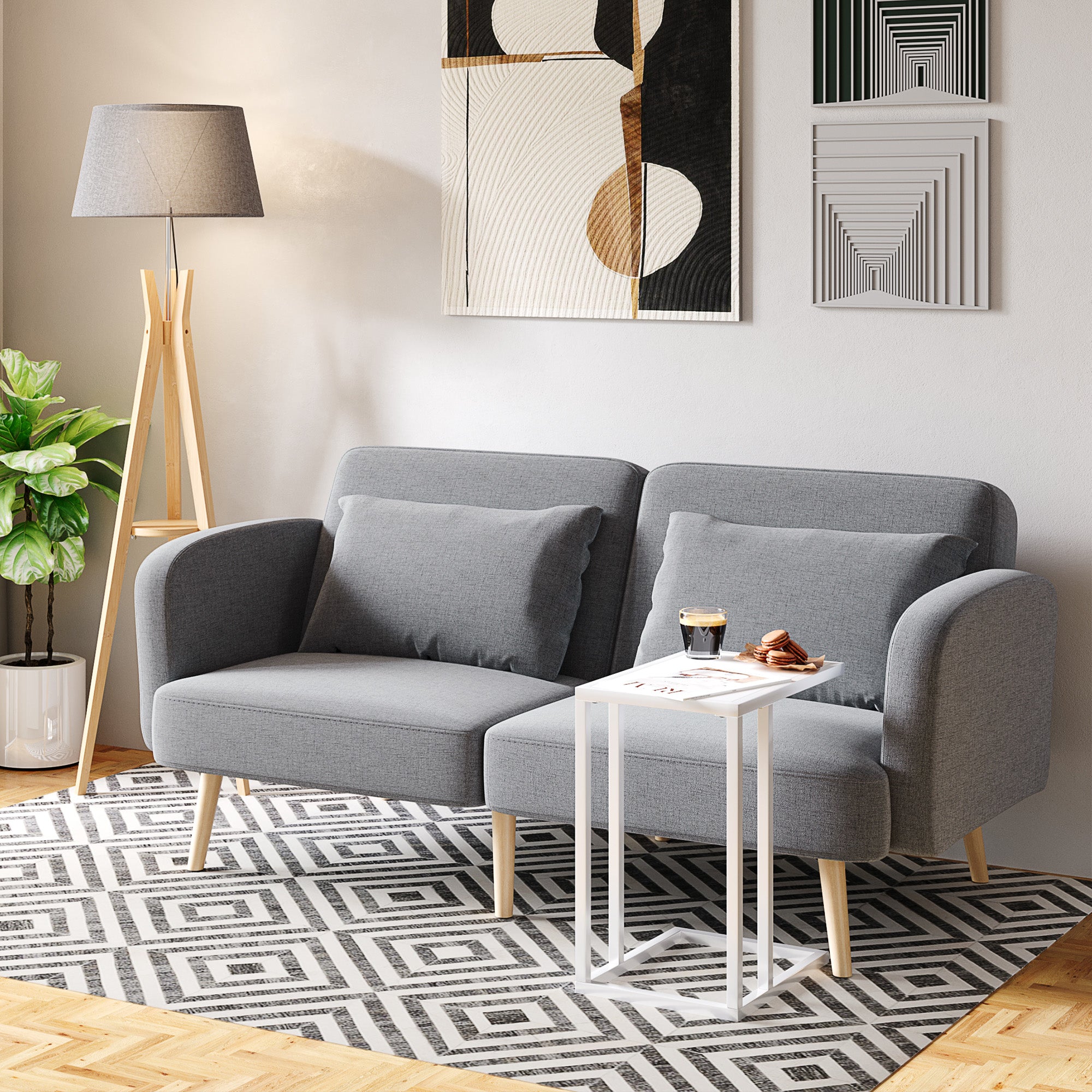 HOMCOM Natural Wood Tripod Floor Lamp Light E27 Base Bedroom Living Room Fabric Shade Storage Shelf Foot Switch, 156cm, Grey - North Peak Garden Furniture