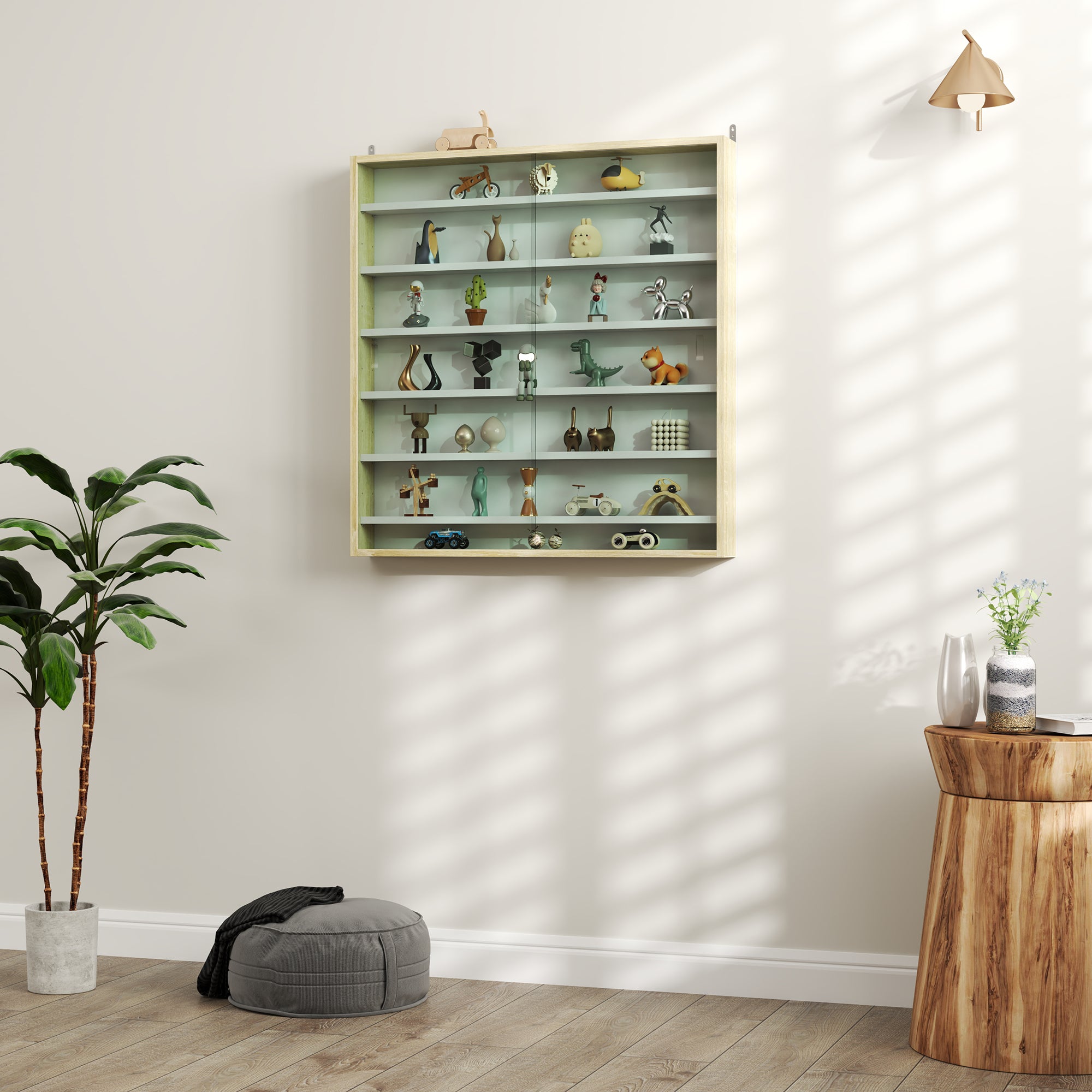 HOMCOM 7-Tier Wall Display Shelf Unit Cabinet w/ 6 Adjustable Shelves Glass Doors Home Office Ornaments 83x80cm, Rustic Brown - North Peak Garden Furniture