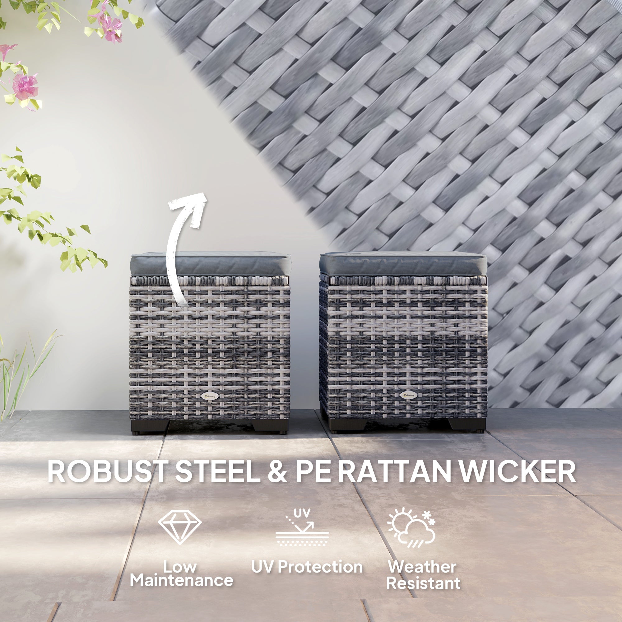 Outsunny Set of 2 Rattan Storage Ottoman, Outdoor Footstool with Removable Cushions, Garden Storage Seat for Balcony, Poolside, Living Room, Dark Grey - North Peak Garden Furniture