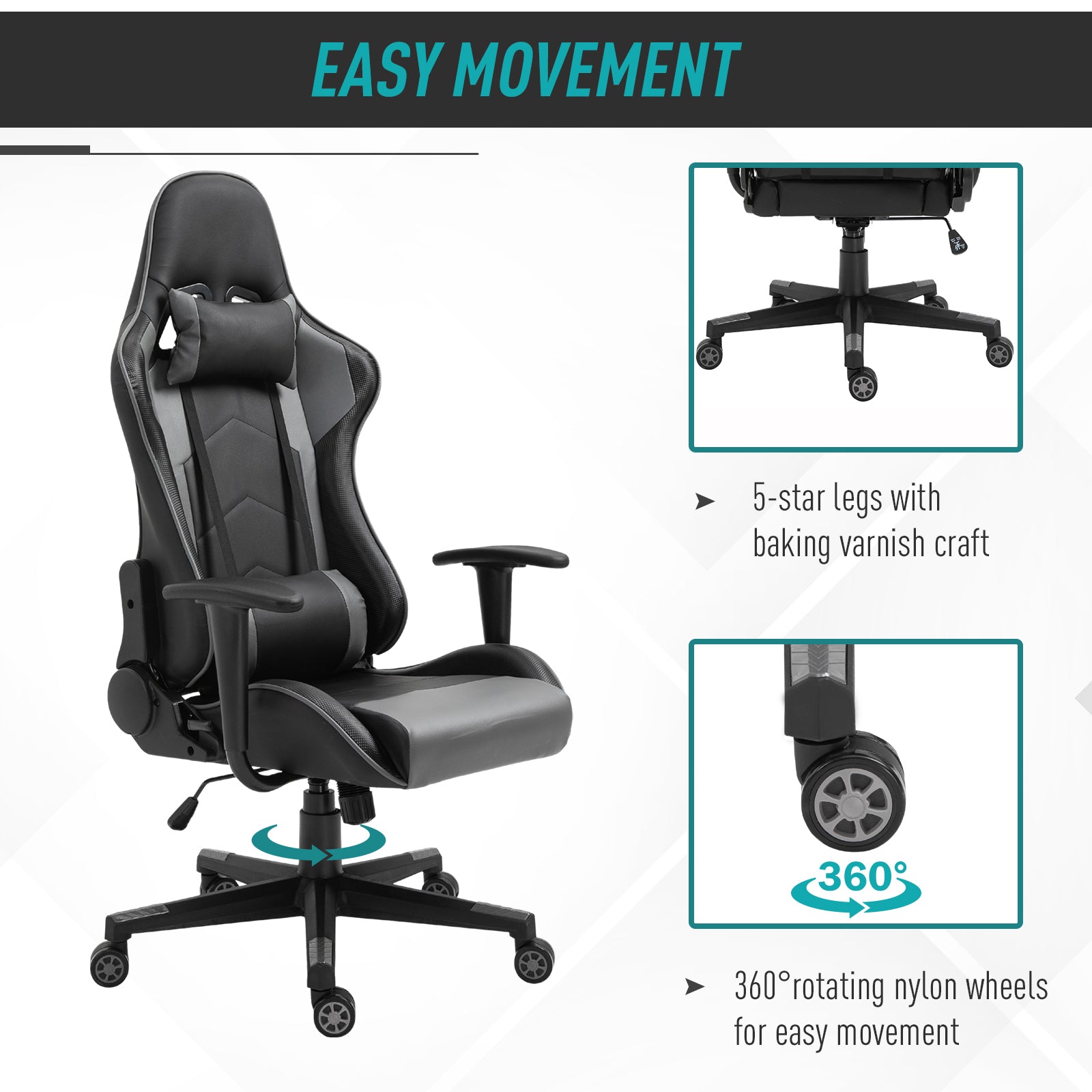 Vinsetto Gaming Chair, Computer Desk Chair, Racing Chair with Adjustable Height, Head Pillow and Lumbar Support for Adults, Black - North Peak Garden Furniture