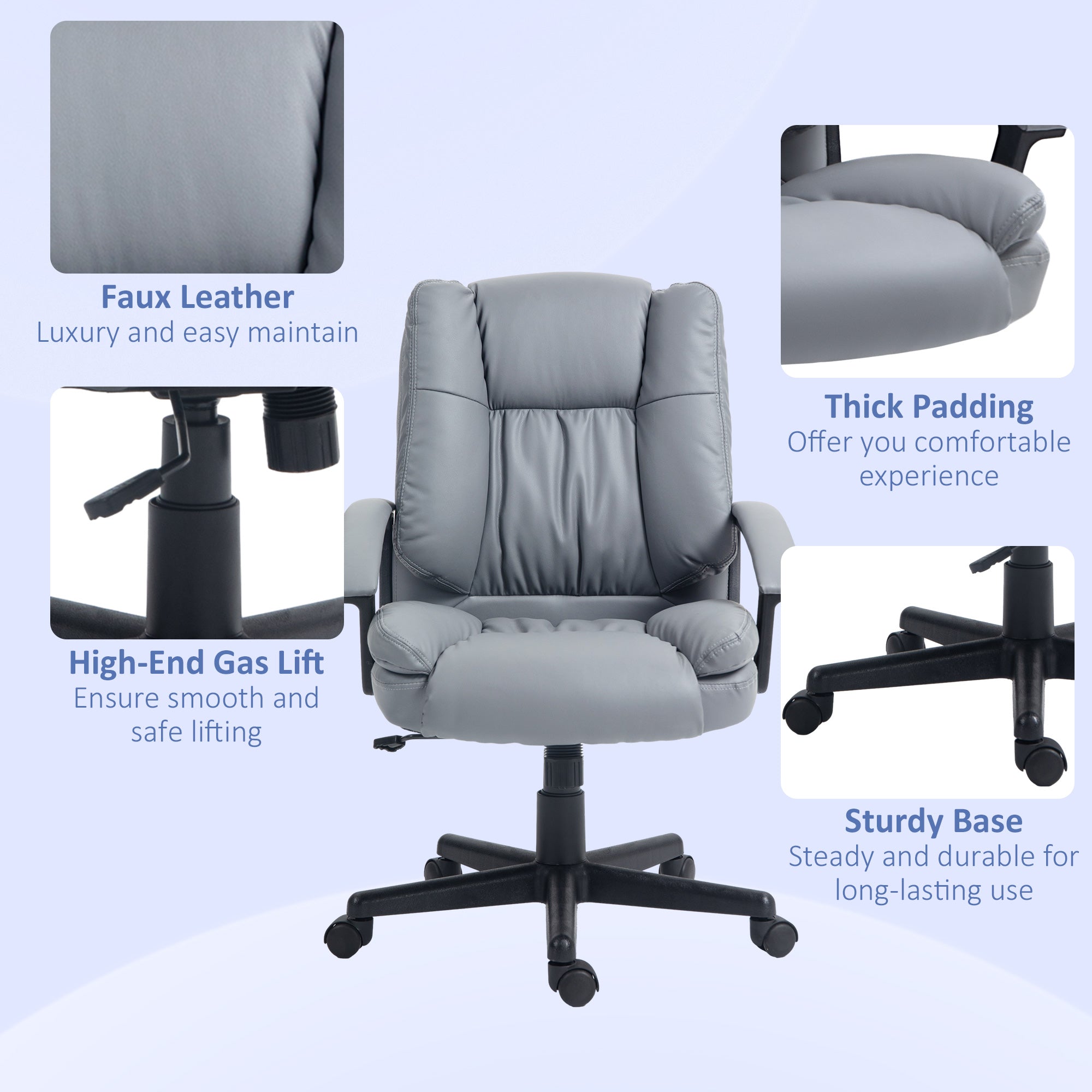 HOMCOM Office Chair, Faux Leather Computer Desk Chair, Mid Back Executive Chair with Adjustable Height and Swivel Rolling Wheels for Home Study, Light Grey - North Peak Garden Furniture