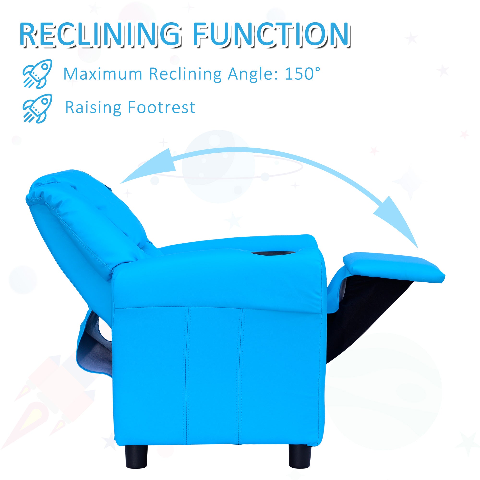 HOMCOM Kids Recliner Chair, PU Leather with Adjustable Backrest, Footrest, Padded Headrest, Blue - North Peak Garden Furniture