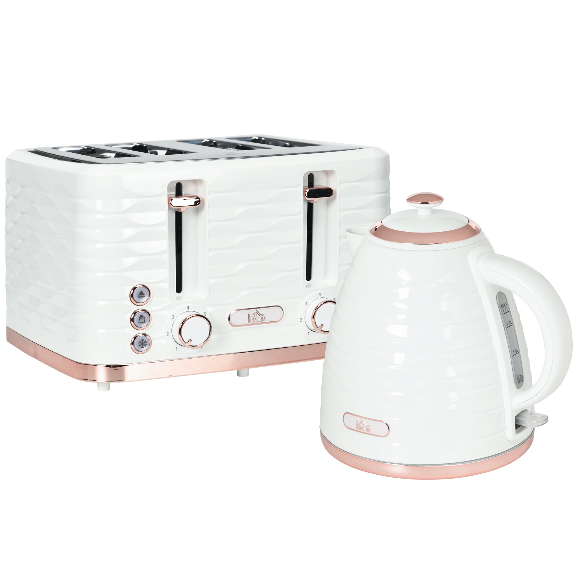 HOMCOM 4 Slice Toaster with 7 Browning Levels, High Lift, Reheat/Defrost/Cancel, Self-centring Function, Removable Crumb Tray, Auto Off, 1600W, Cream White Water Ripple Texture - North Peak Garden Furniture