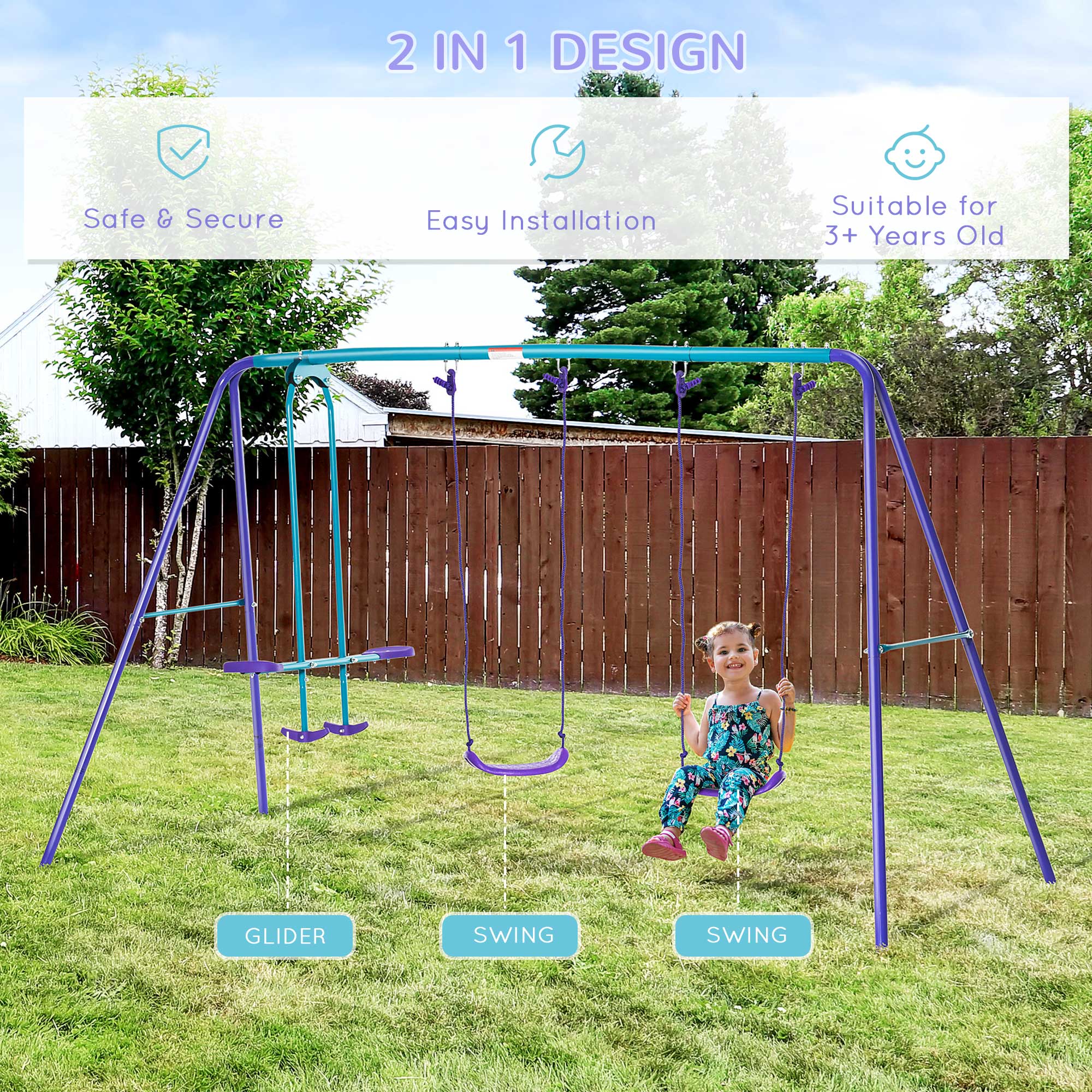 Outsunny Height Adjustable Metal Swing Set with Glider, Two Swing Seats and Adjustable Height, Outdoor Heavy Duty A-Frame - North Peak Garden Furniture