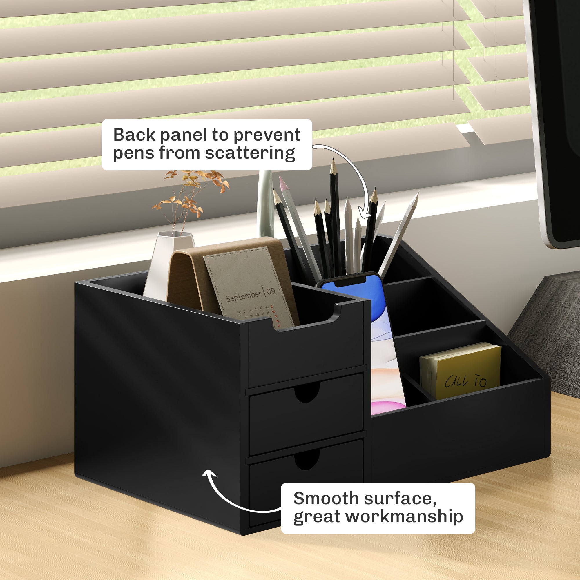 HOMCOM Desk Organiser Holder, Bamboo Multi-Function Storage Caddy with 7 Storage Compartments and 2 Drawers for Home Office Stationary Supplies, Black - North Peak Garden Furniture