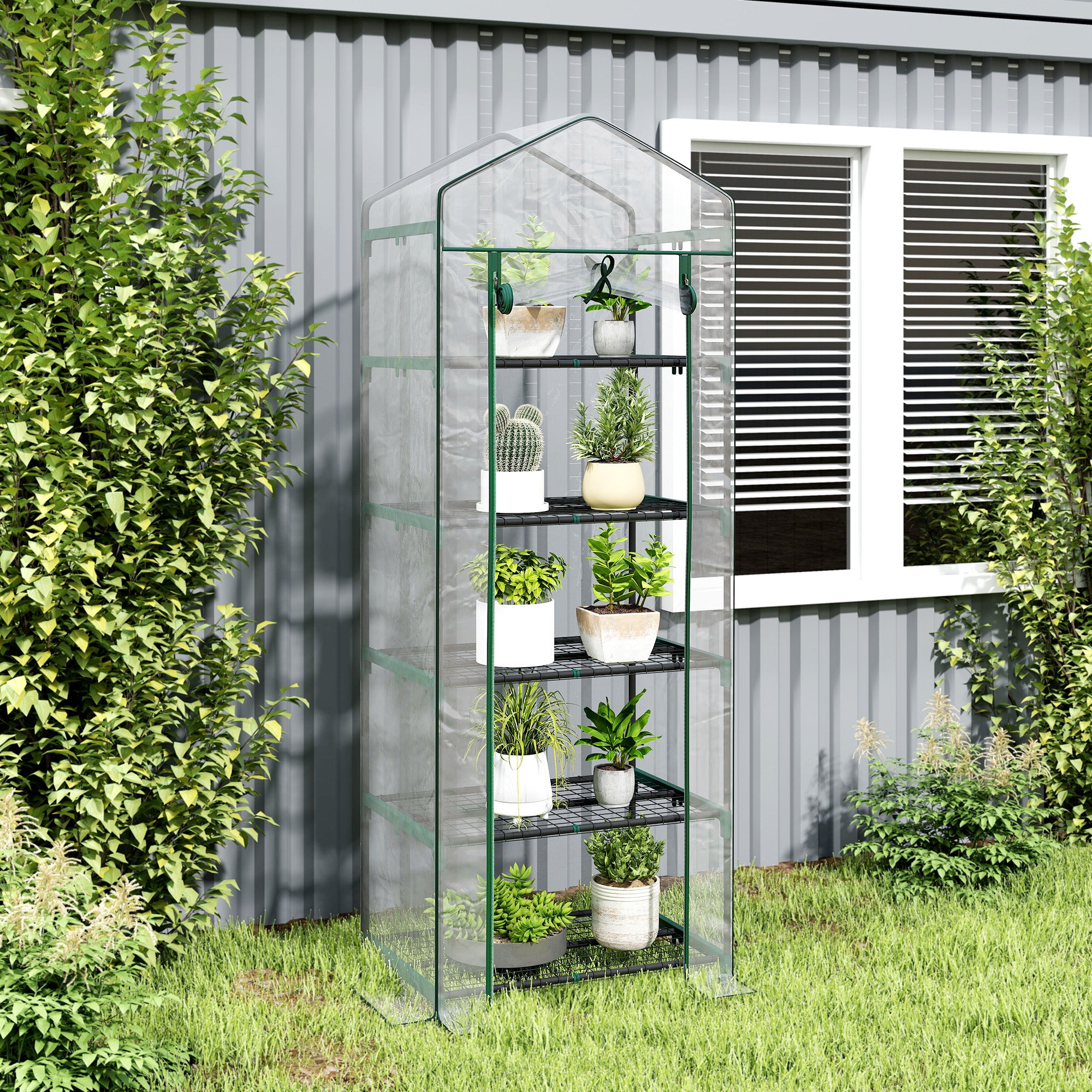Outsunny 5 Tier Mini Greenhouse Outdoor Flower Stand Green House PVC Cover Portable Shed Metal Frame Transparent 69 x 49 x 193cm