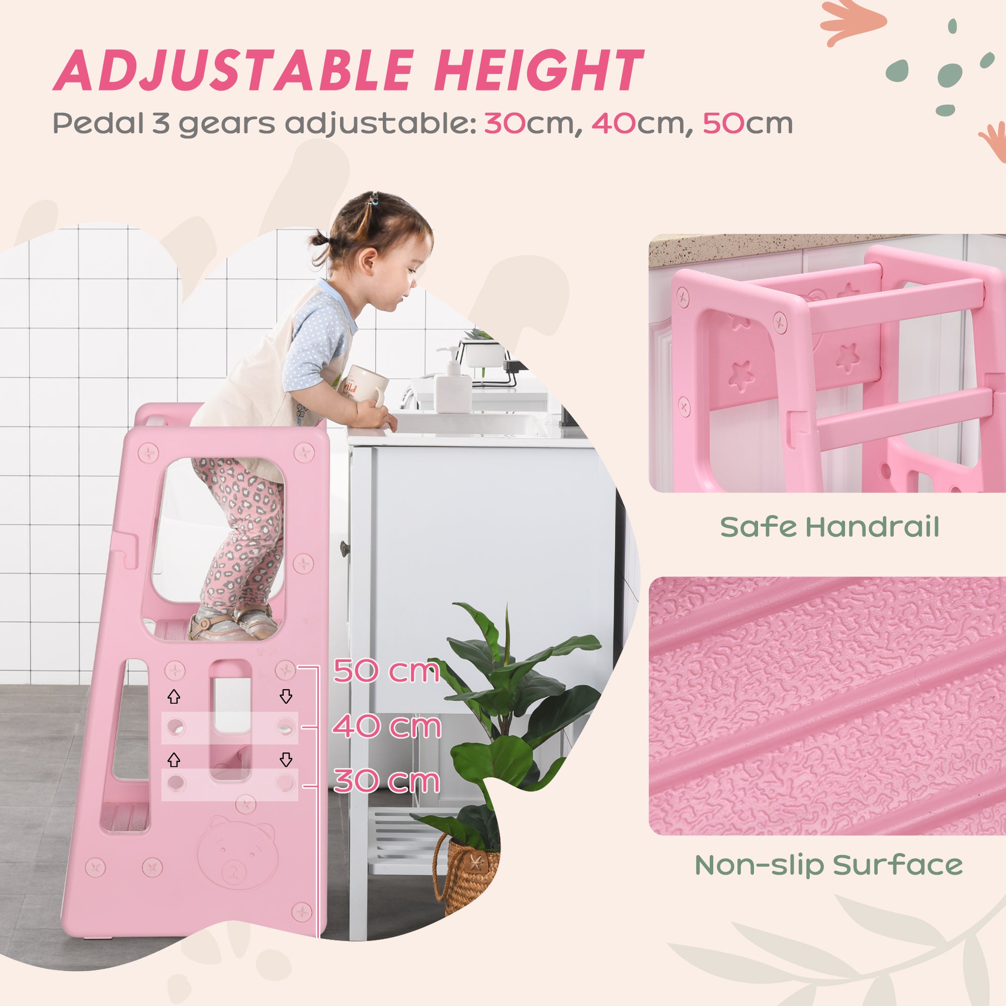 HOMCOM Kids Step Stool, Adjustable Standing Platform, Toddler Kitchen Stool - North Peak Garden Furniture