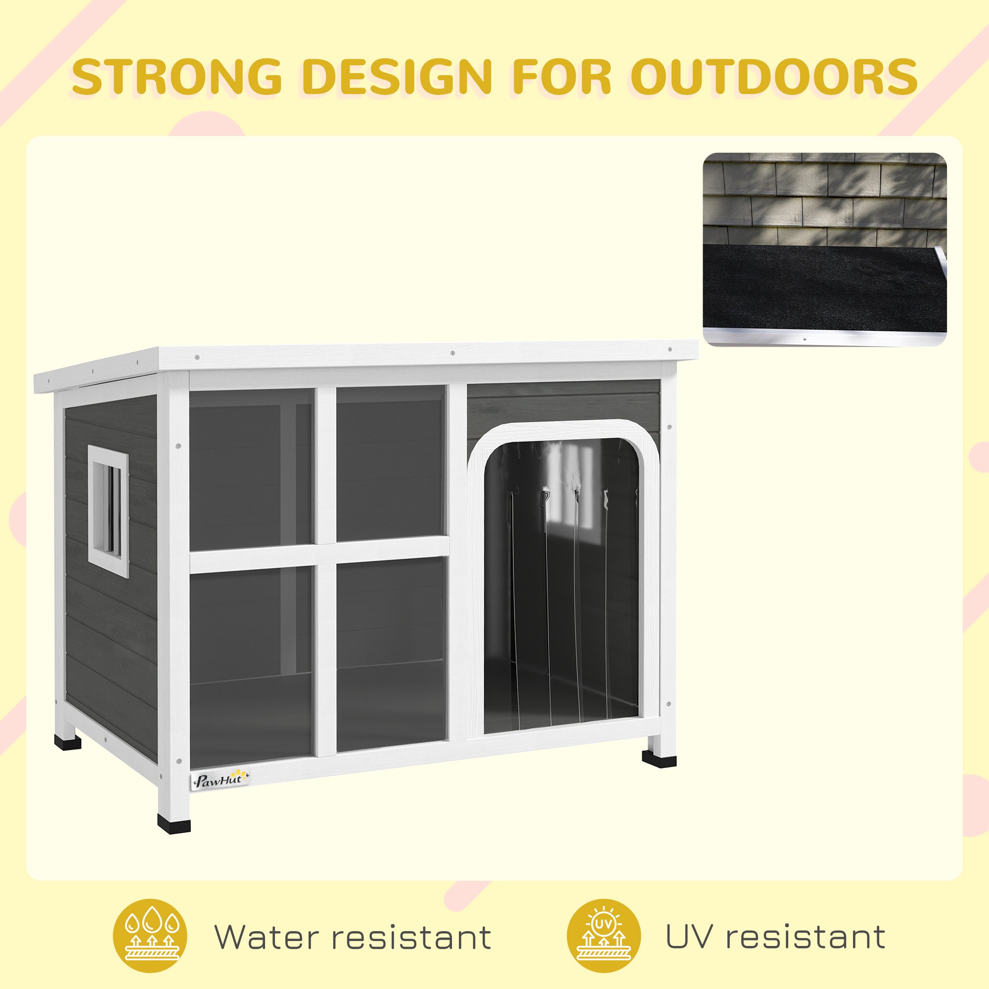 PawHut Wooden Dog House Outdoor with Asphalt Openable Top, Removable Floor, Clear Front Panel, Curtain, 90 x 62 x 71cm - North Peak Garden Furniture