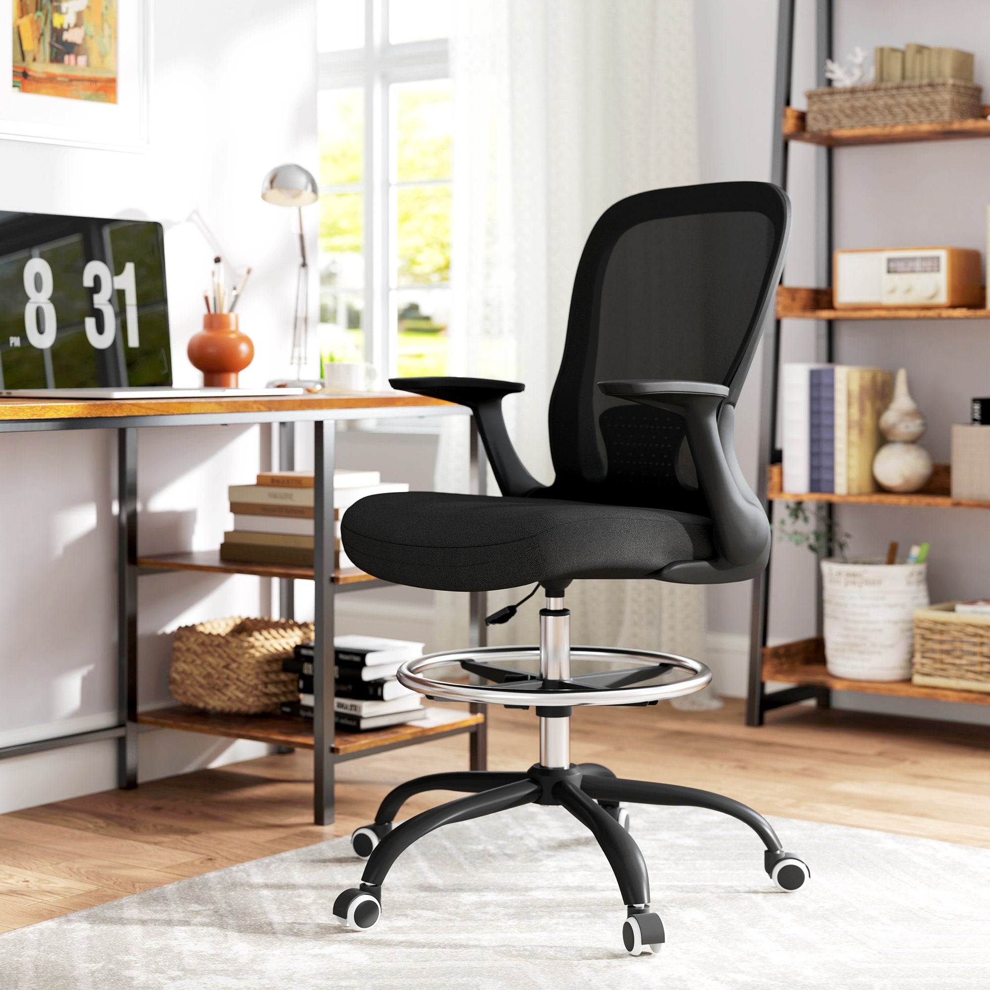 HOMCOM Draughtsman Chair, Mesh Drafting Chair, Ergonomic Office Chair with Flip-up Armrest, Adjustable Foot Ring, Black - North Peak Garden Furniture