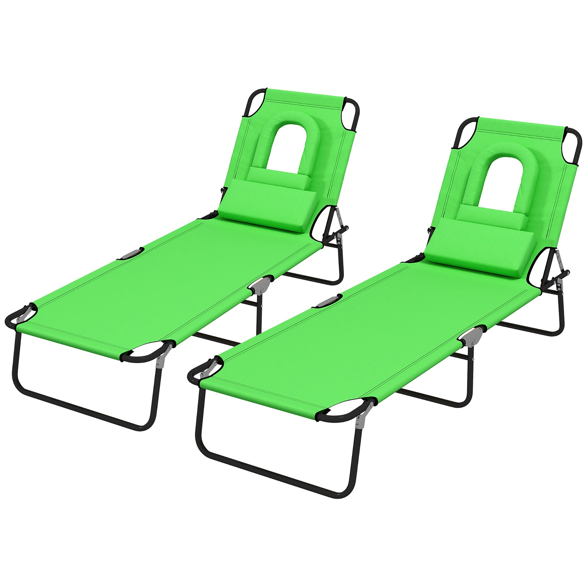 Outsunny Outdoor Foldable Sun Lounger Set of 2, 4 Level Adjustable Backrest Reclining Sun Lounger Chair with Pillow and Reading Hole, Green