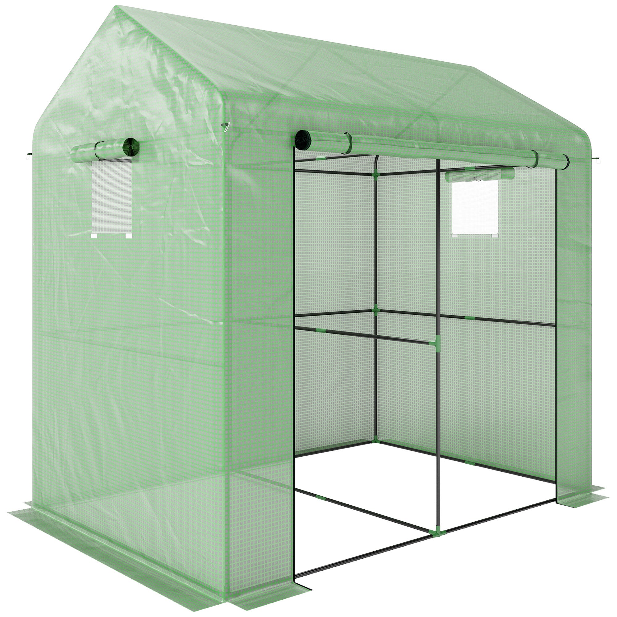 Outsunny Greenhouse, Walk-in Garden Grow House with Roll-up Door and Mesh Windows, 200 x 140 x 200cm, Green