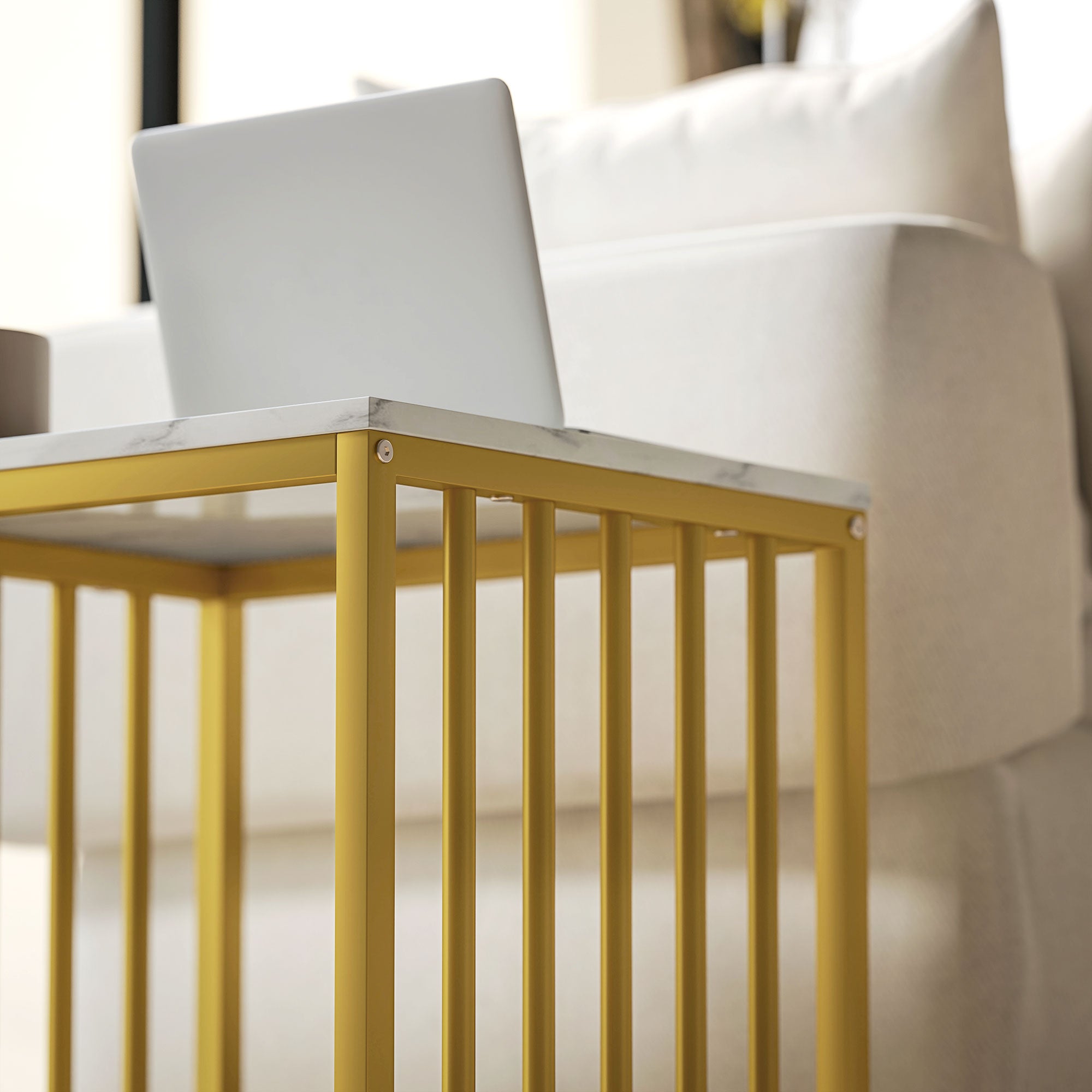 HOMCOM Modern Coffee Table Set of Two, Marble-Effect Nesting Side Tables with Steel Frame for Living Room, Gold Tone - North Peak Garden Furniture