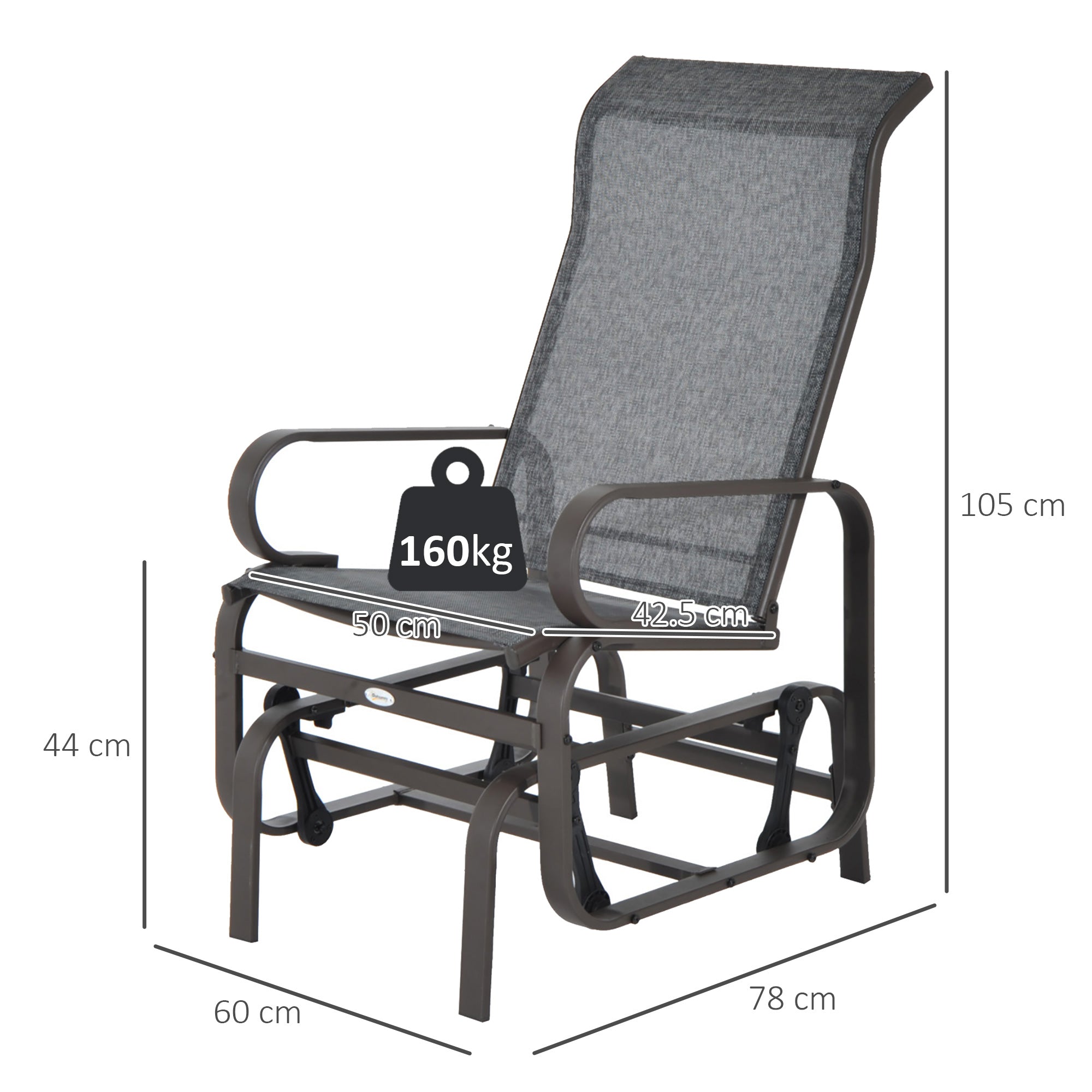 Outsunny Outdoor Gliding Rocking Chair with Sturdy Metal Frame Garden Comfortable Swing Chair, Grey & Brown