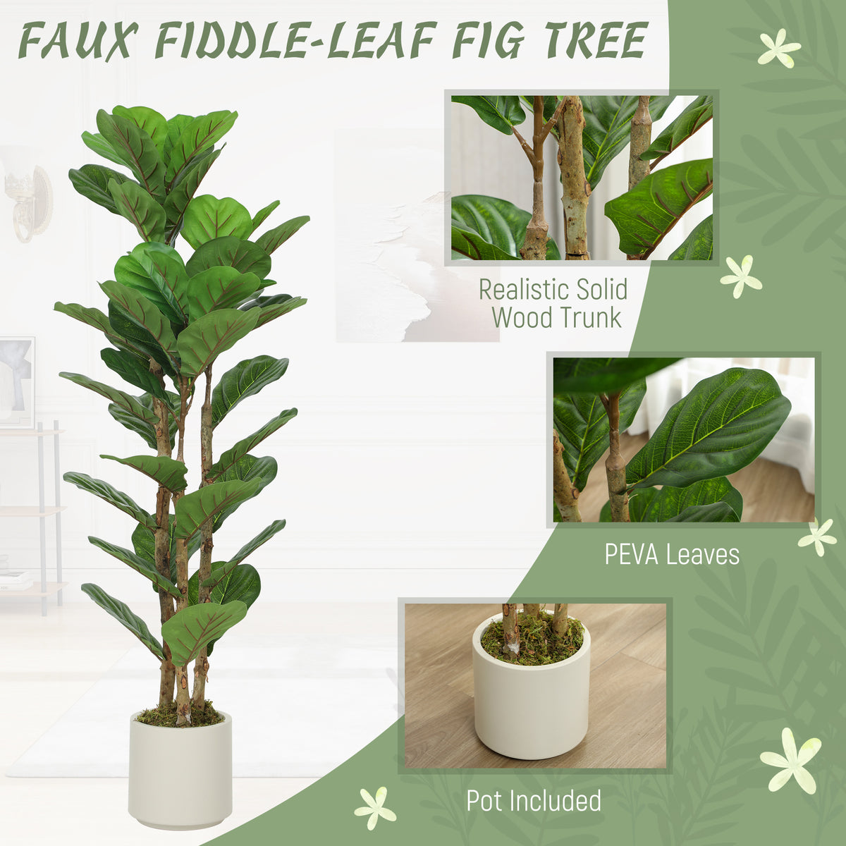 HOMCOM 120cm Artificial Fiddle Leaf Fig Tree - Green