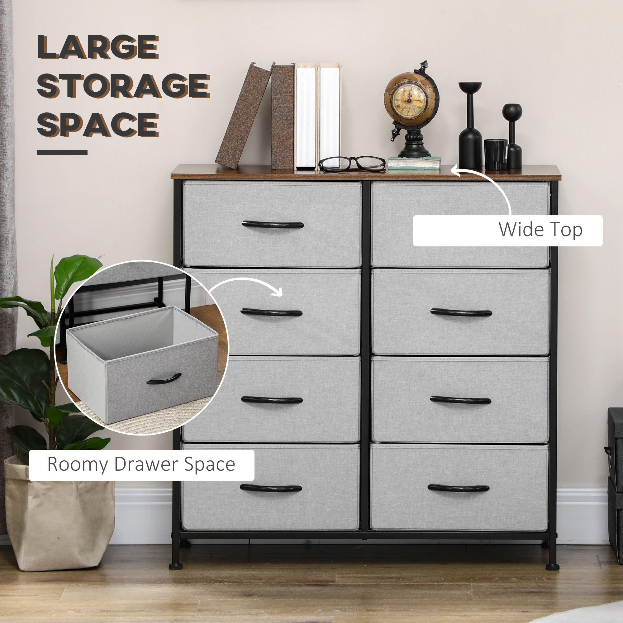 HOMCOM Fabric Chest of Drawers, Storage Drawers, Industrial Bedroom Dresser with 8 Fabric Drawers, Steel Frame and Wooden Top for Nursery, Living Room, Hallway, Grey - North Peak Garden Furniture