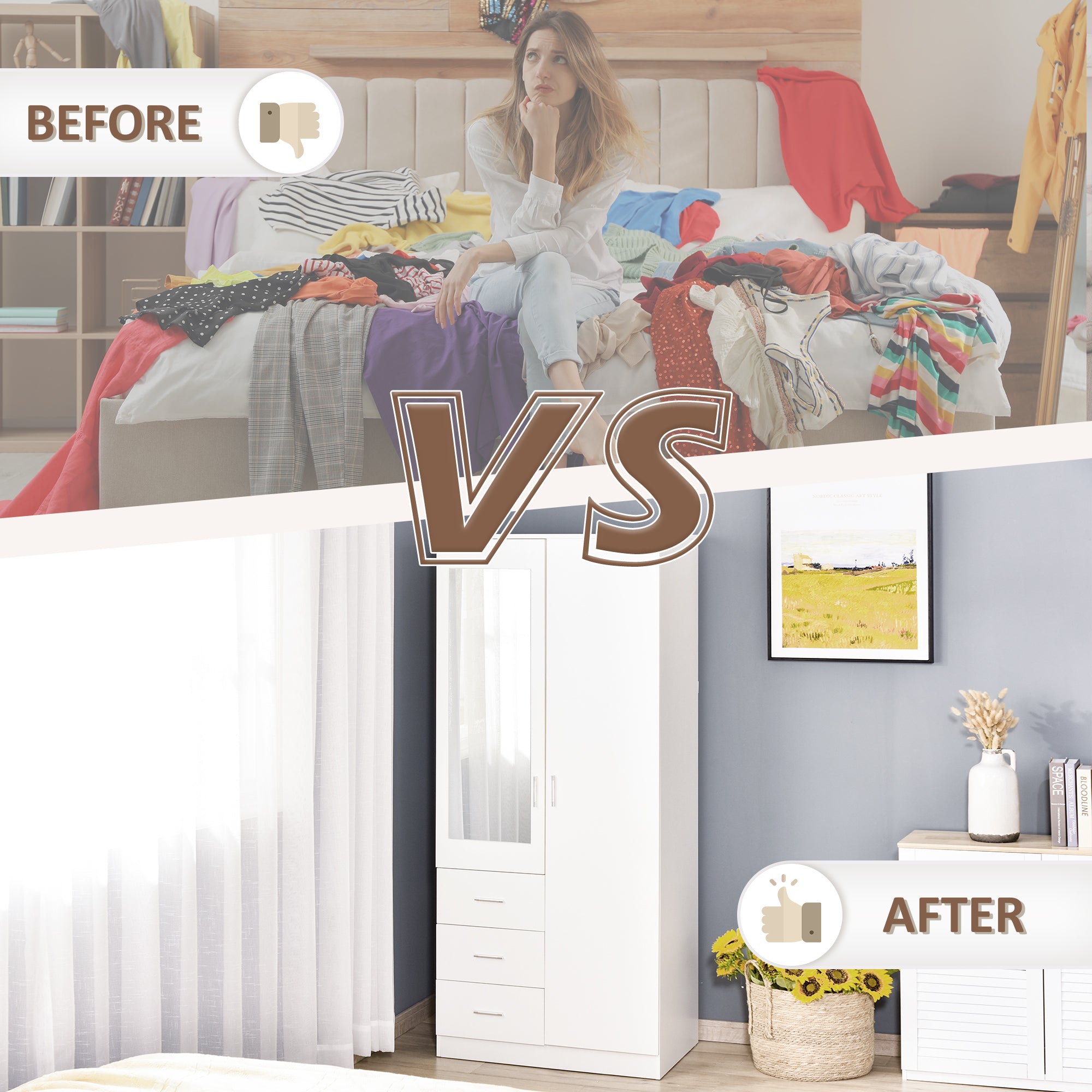 HOMCOM Modern Mirror Wardrobe 2 Door Storage Cupboards Home Storage Organisation Furniture with Adjustable Shelf, Hanging Rail and 3 Drawers, 180cm, White - North Peak Garden Furniture