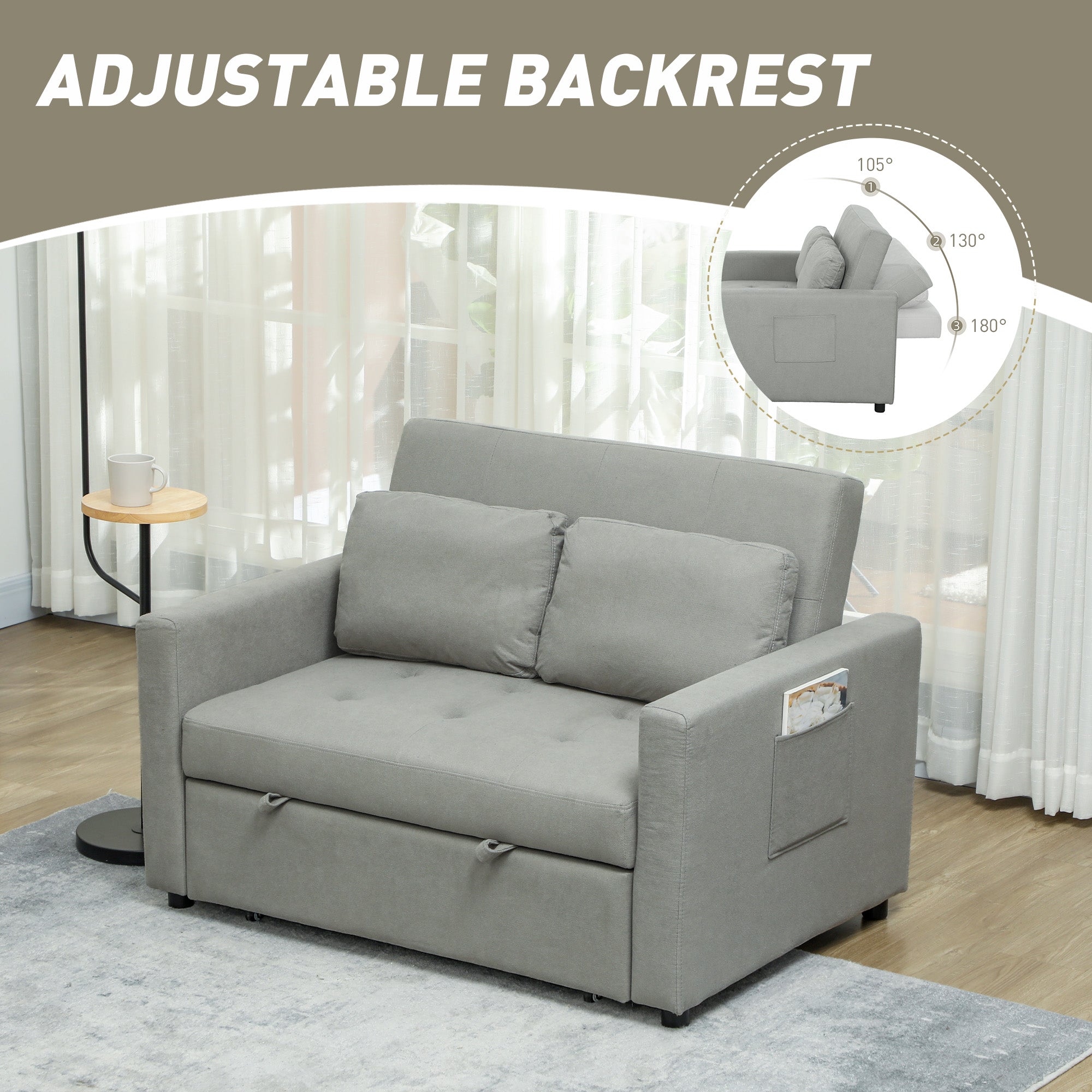 HOMCOM Velvet-Feel Two-Seater Sofa Bed - Light Grey - North Peak Garden Furniture