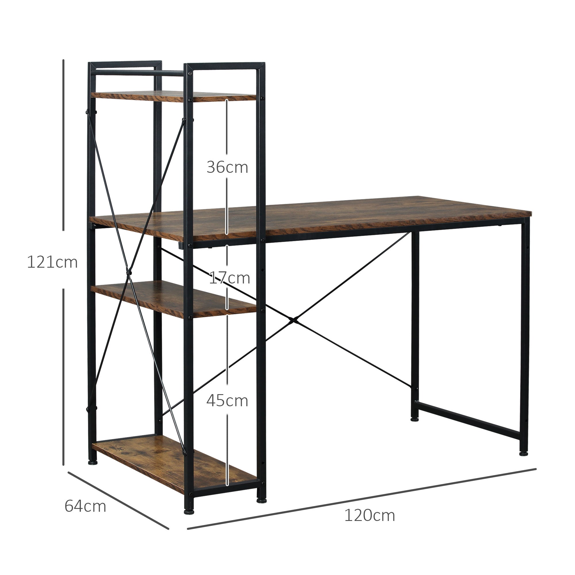 HOMCOM Reversible Computer Desk with Storage Shelves on Left or Right, Industrial Reversible Writing Desk for Home Office, Study, Easy Assembly, 120 x 64 x 121cm, Rustic Brown and Black - North Peak Garden Furniture