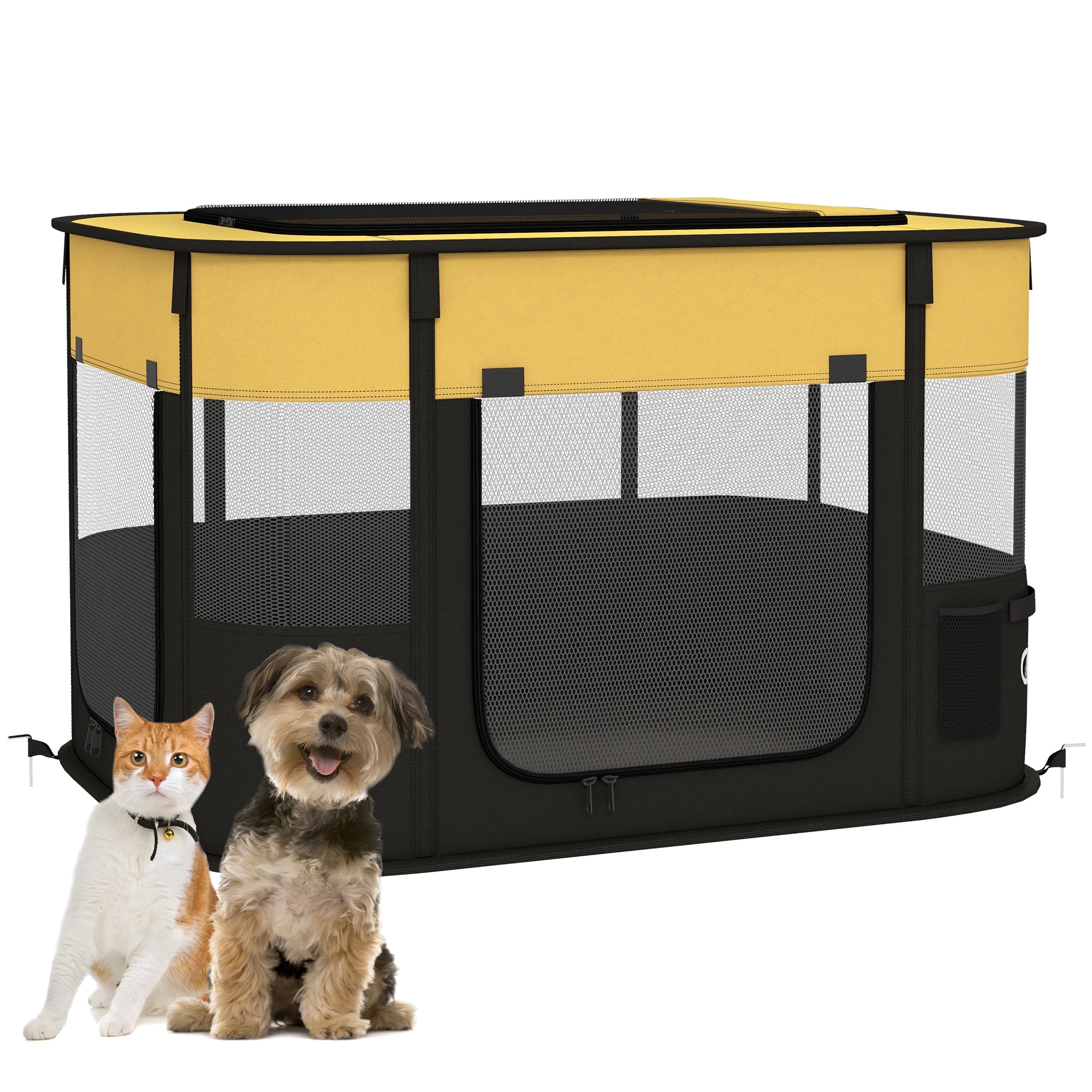 PawHut Foldable Dog Pen with Storage Bag for Indoor/Outdoor Use, Portable Pet playpen, with Ground Stakes - Yellow - North Peak Garden Furniture