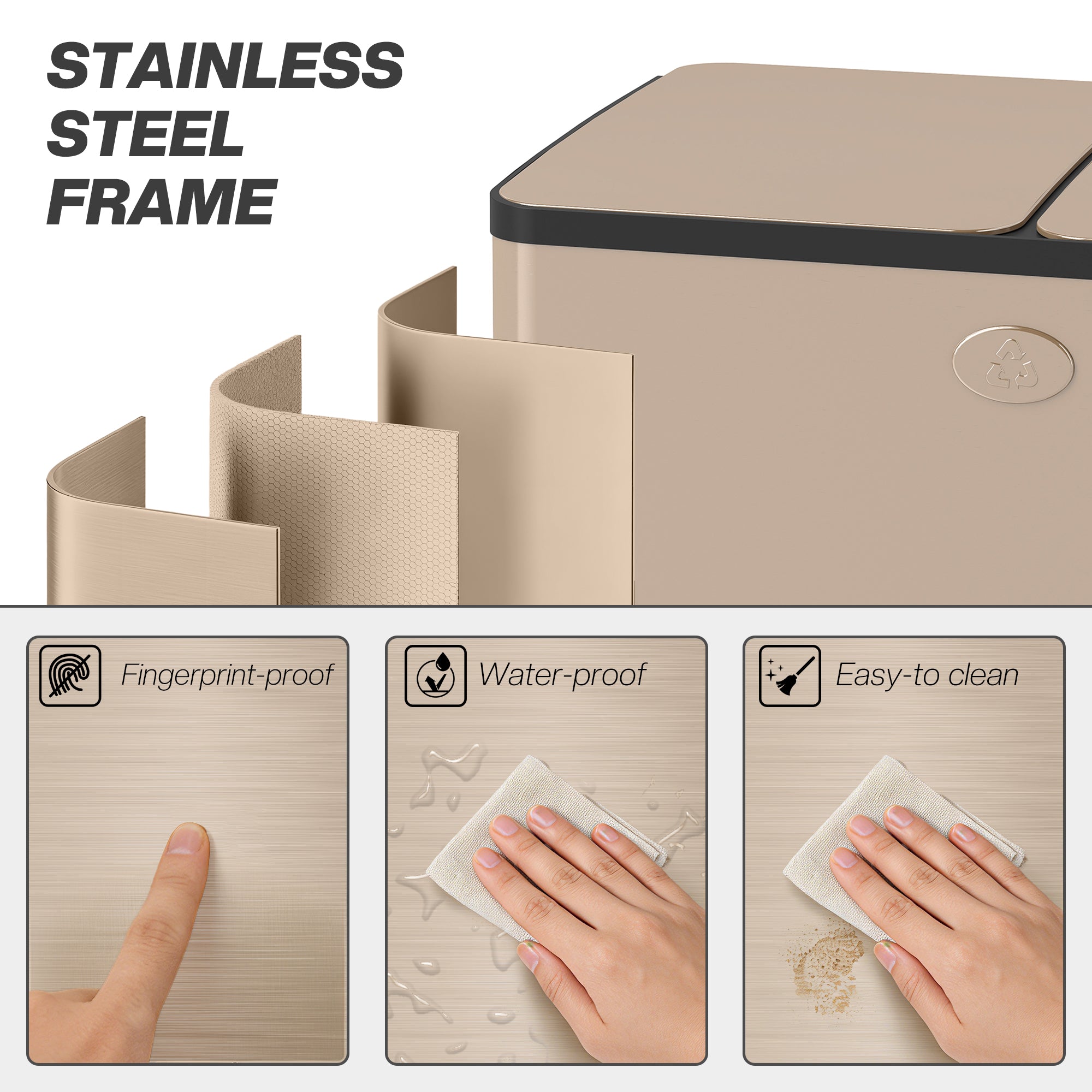 HOMCOM 30L Dual Compartment Stainless Steel Bin, with Deodoriser Holders - Gold Tone