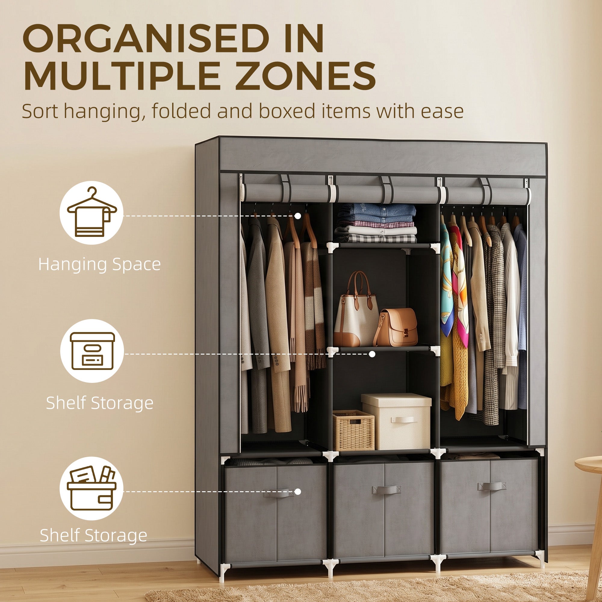 HOMCOM Fabric Wardrobe for Bedroom, Portable Wardrobe with 5 Shelves, 2 Hanging Rails and 3 Fabric Drawers, Foldable Closet, 125 x 43 x 162.5cm, Dark Grey