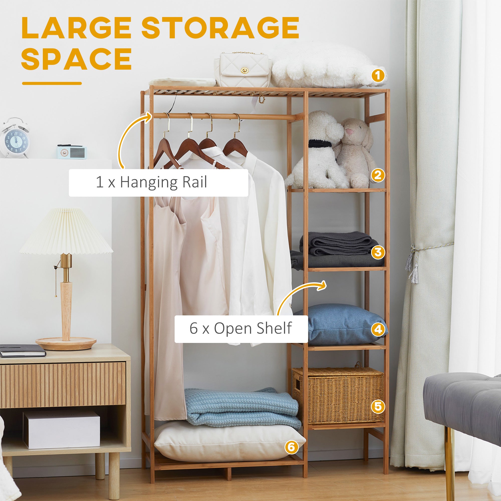 HOMCOM Bamboo Clothes Rack for Bedroom Garment Rack with 6-Tier Storage Shelf Hanging Rod Clothes Rail for Living Room Entryway - North Peak Garden Furniture