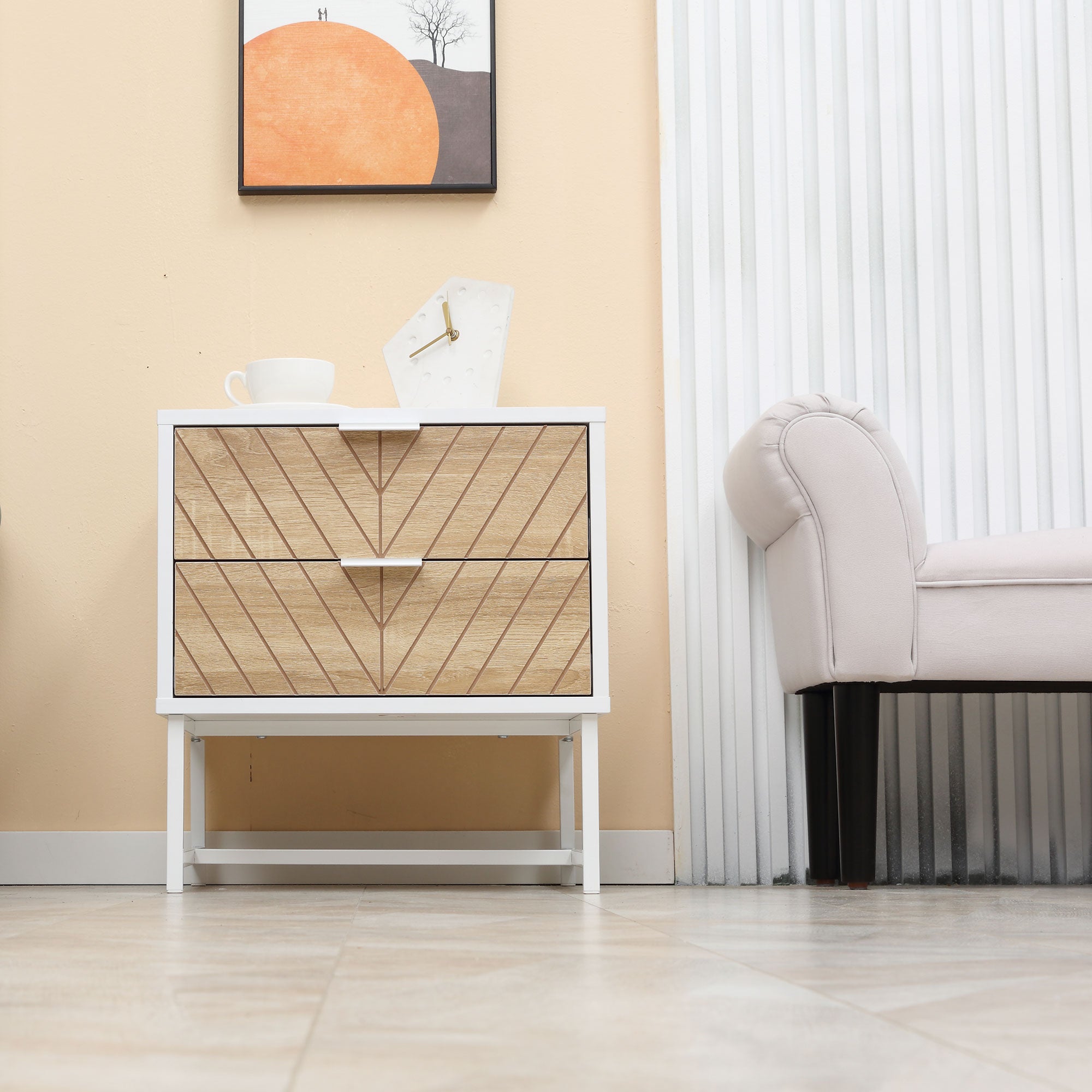 HOMCOM Modern Bedside Table with 2 Drawers and Metal Frame, Sofa Side Table for Bedroom Living Room, White and Oak - North Peak Garden Furniture