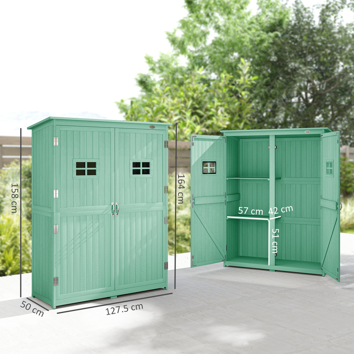 Outsunny Wooden Garden Shed with Two Windows, Tool Storage Cabinet, Outdoor Double Door organiser 127.5W x 50D x 164H cm, Green
