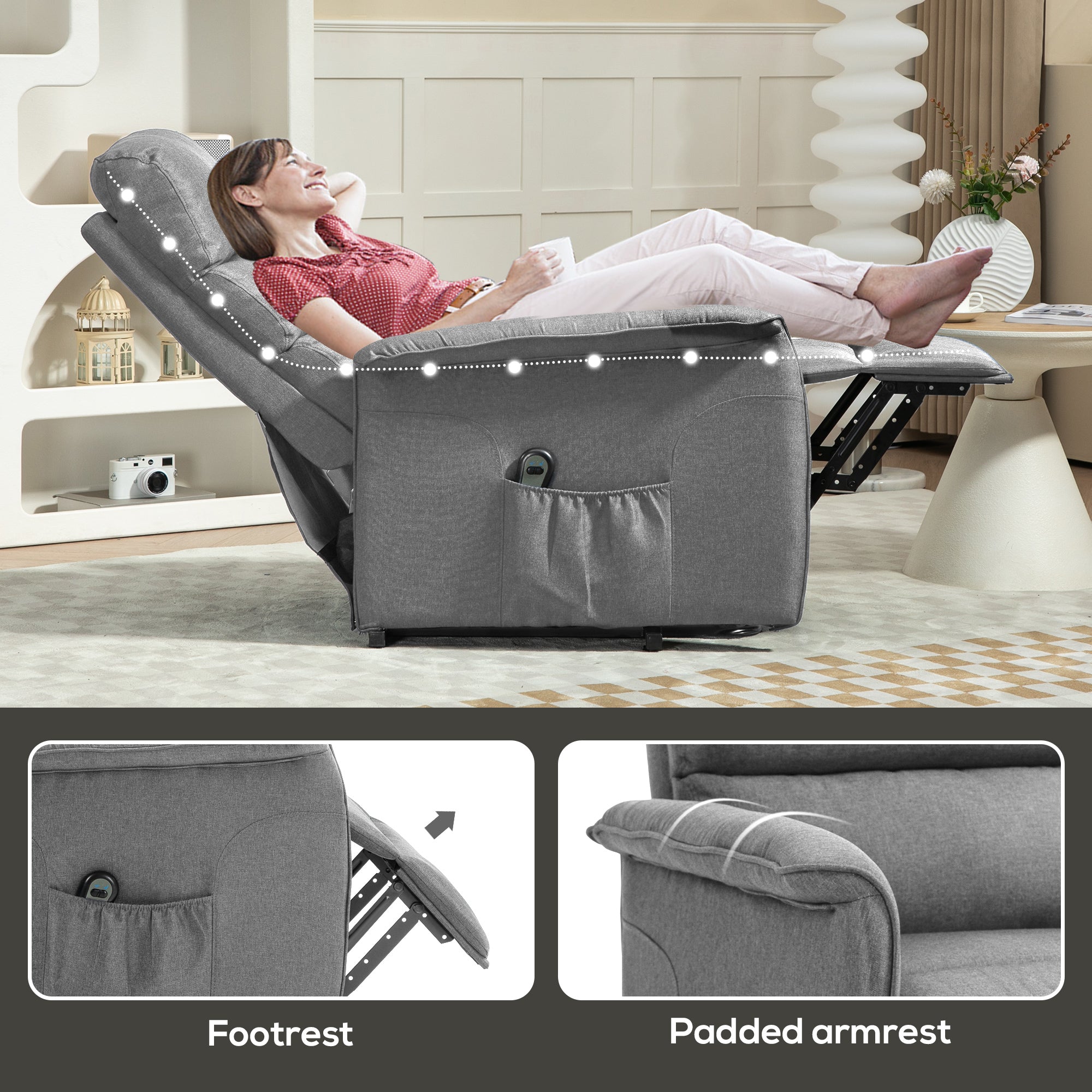 HOMCOM Electric Riser Recline Armchair, with Footrest - Grey - North Peak Garden Furniture