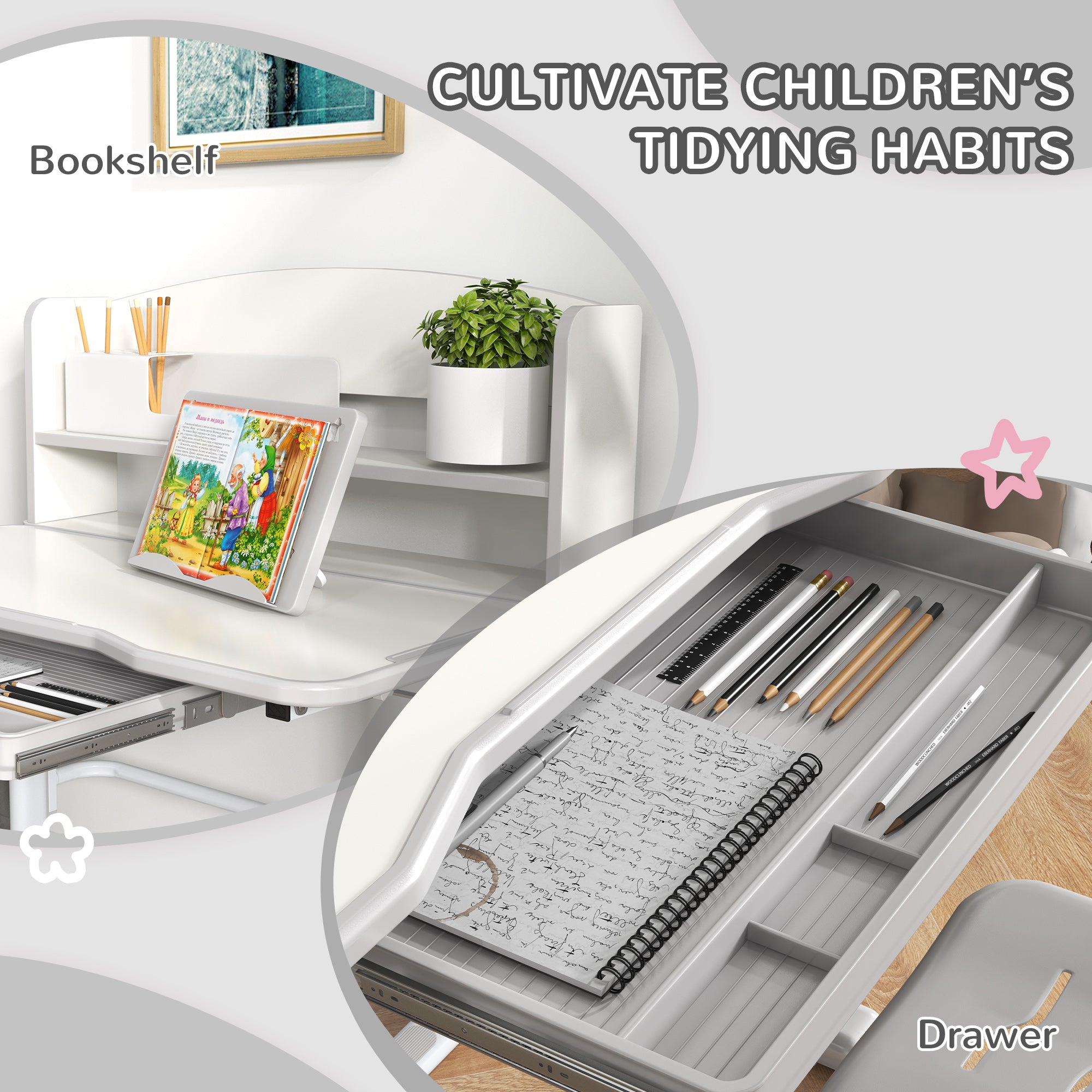 ZONEKIZ Height Adjustable Kids Study Table and Chair Set, with Drawer, Storage Shelf, 80 x 54.5 x 104 cm, Grey - North Peak Garden Furniture