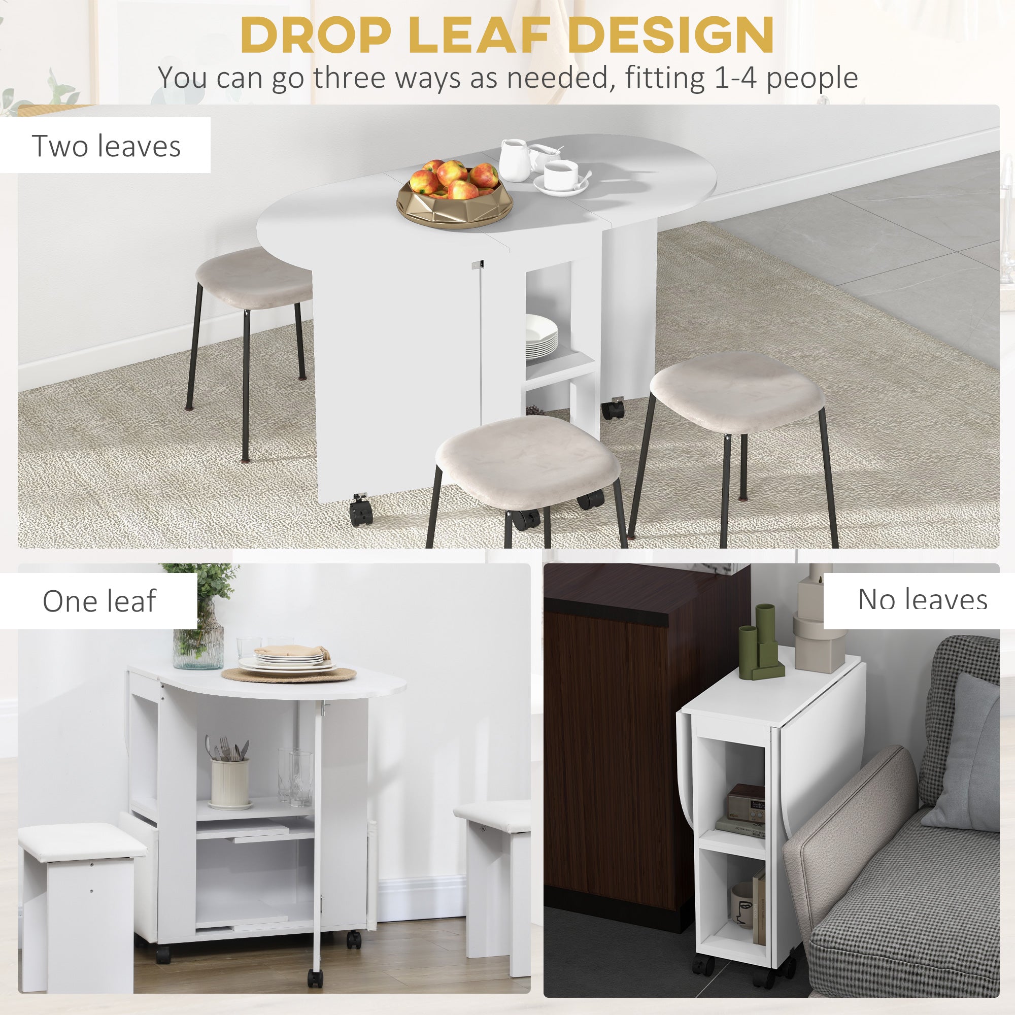 HOMCOM Four-Person Drop Leaf Dining Table, with Wheels - White - North Peak Garden Furniture