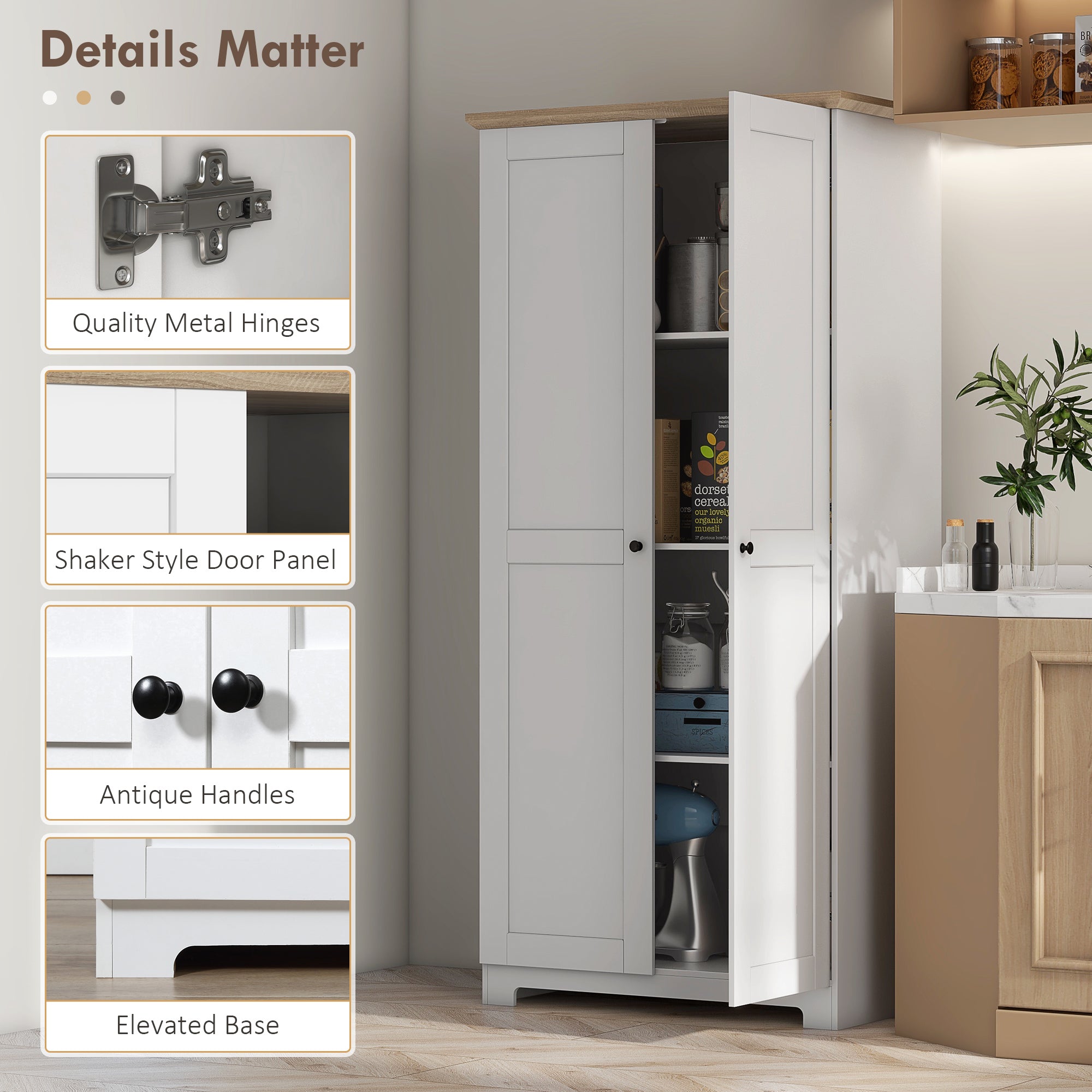 HOMCOM 172cm Kitchen Cupboard, Freestanding Storage Cabinet with Doors and Shelves, Modern 2-Door Kitchen Pantry Cupboard for Dining Room, White - North Peak Garden Furniture
