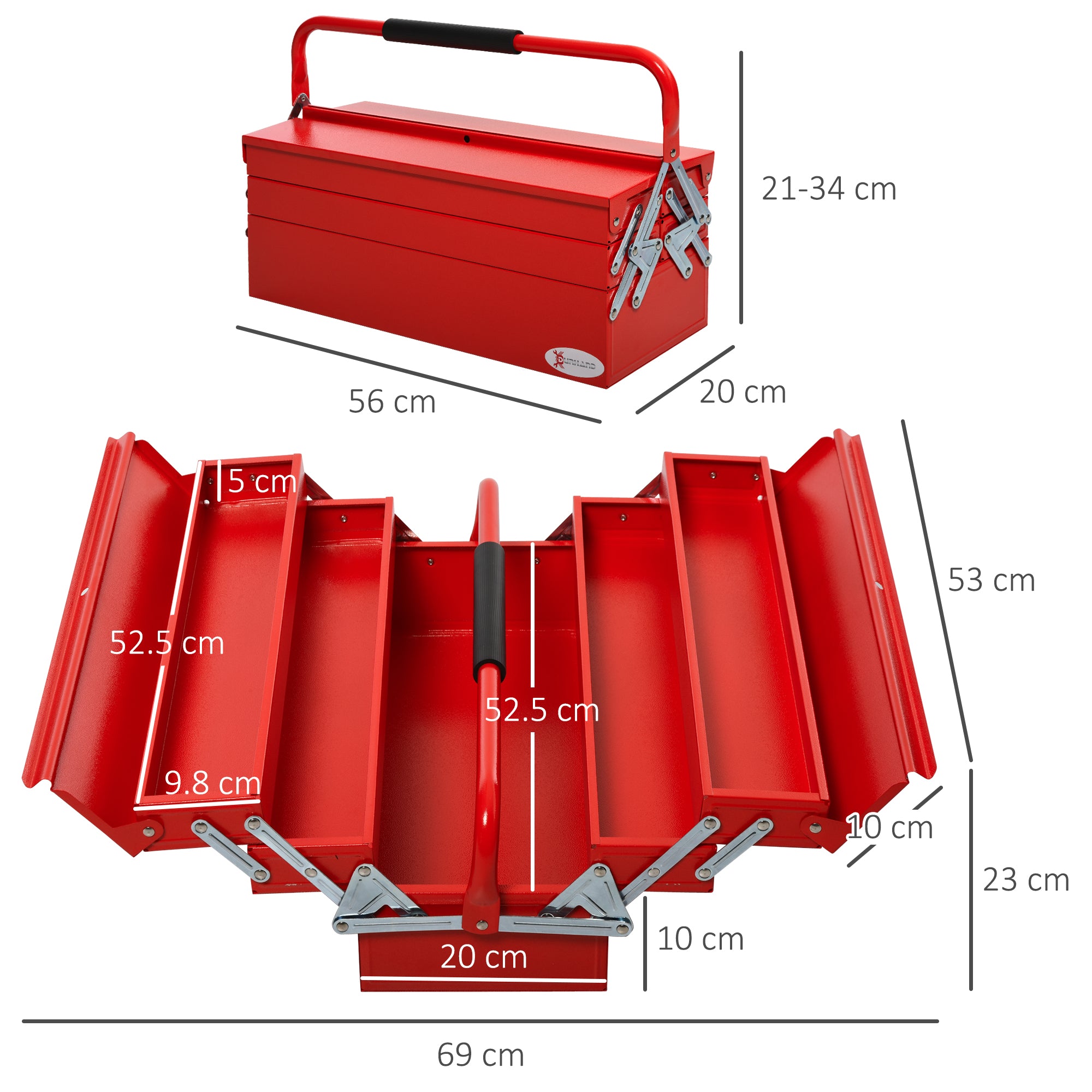 DURHAND Professional Metal Tool Box, 3 Tier 5 Tray Cantilever Storage Cabinet with Carry Handle, 57cm x 21cm x 41cm, Red