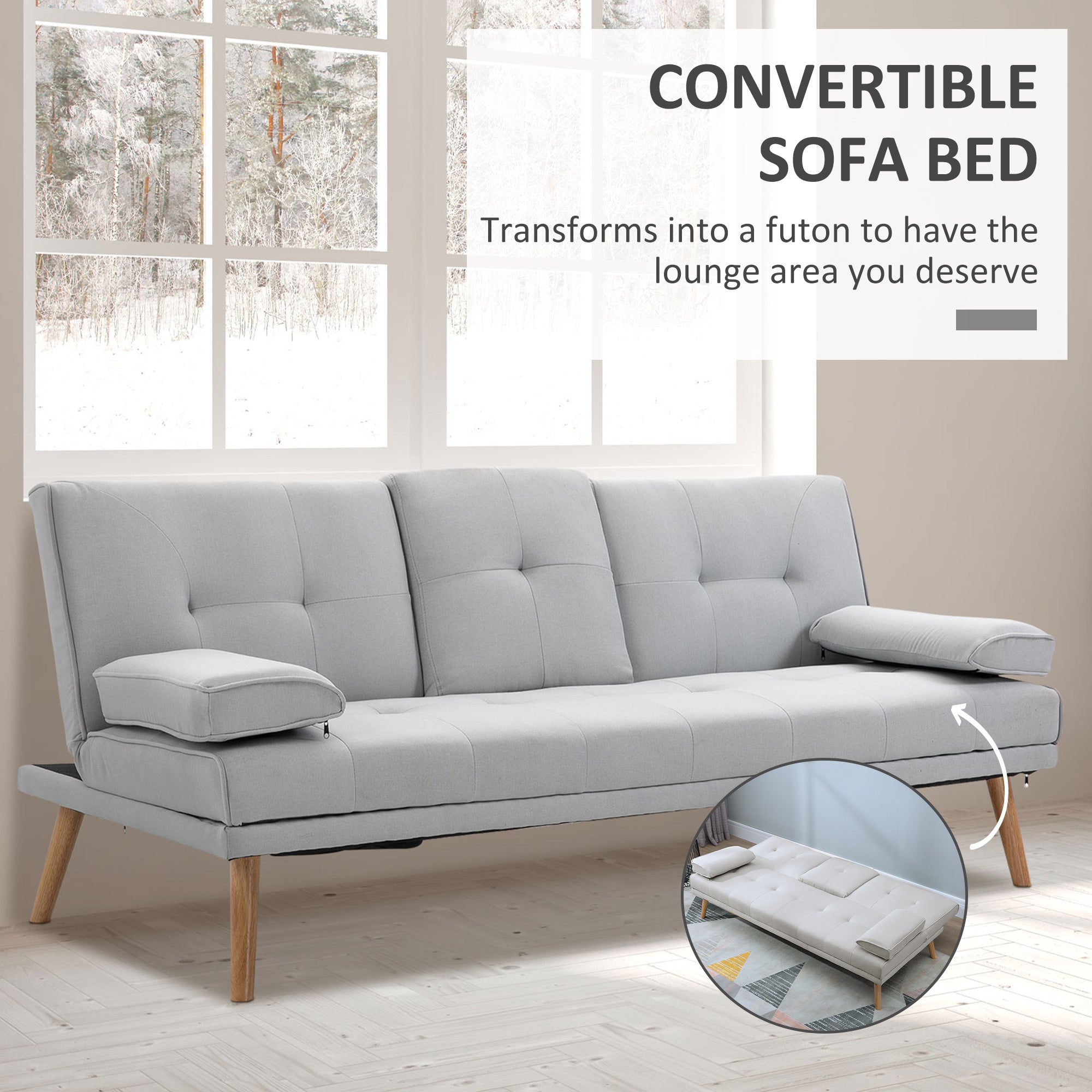 HOMCOM Sofa Bed, Fabric 3-seater Click Clack Sofa Bed with 2 Cup Holders, Convertible Bed Settee, Futon Sofa with Removable Armrest, for Living Room, Spare Room, Bed Room, Guest Room, Grey