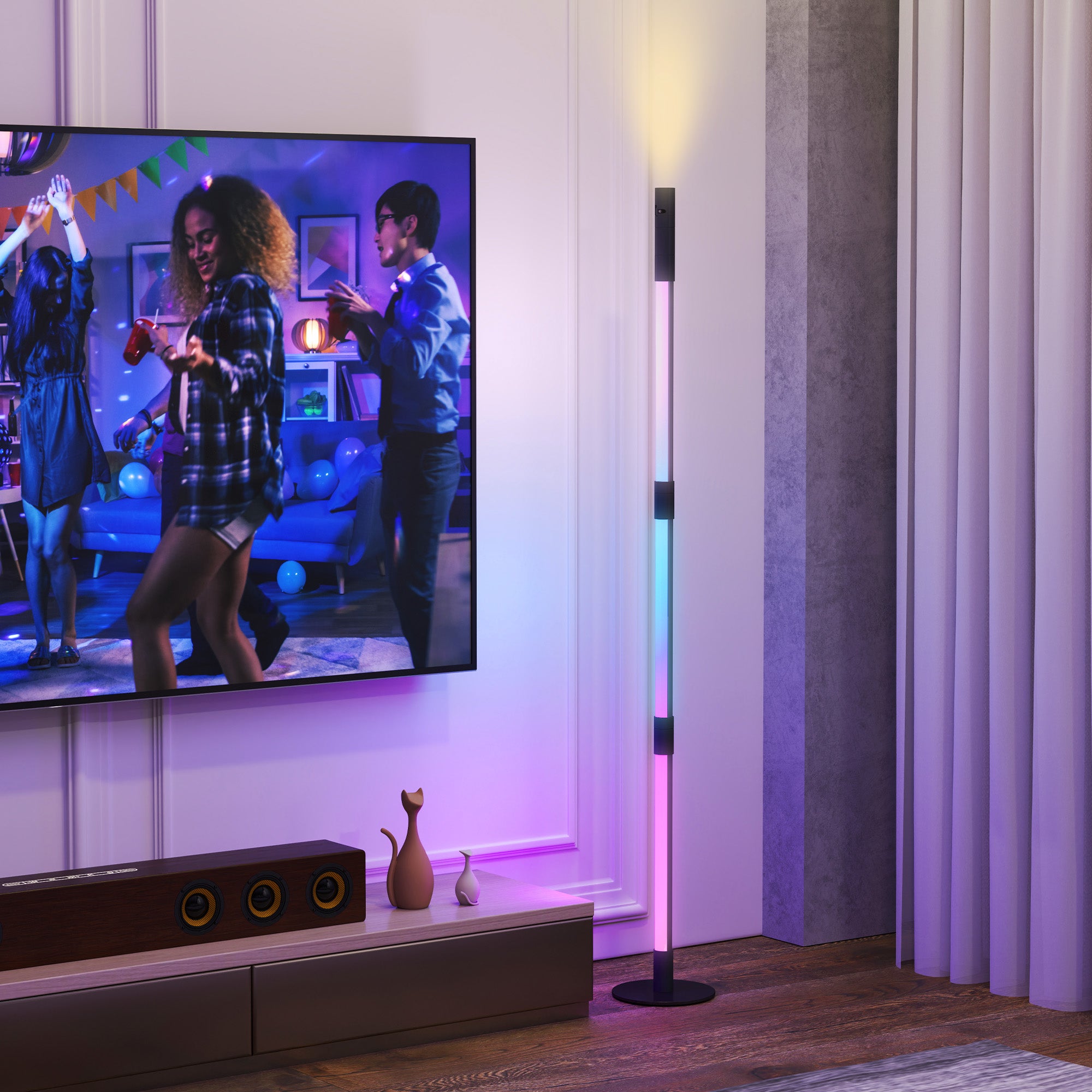 HOMCOM LED Floor Lamp with Reading Light, 360° RGB Detachable Corner Floor Lamp with App & Remote Control, Standing Lamp with Music Sync & Timing, for Living Room, Game Room, Dark Grey - North Peak Garden Furniture