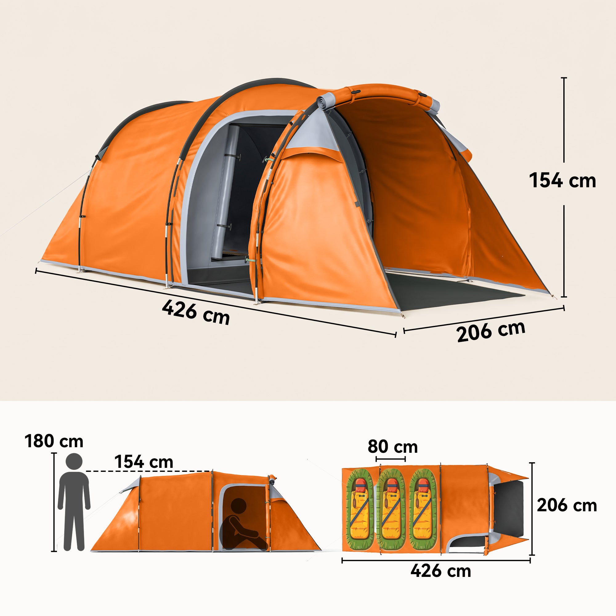 Outsunny 2-3 Man Tunnel Tents w/ Vestibule Camping Tent Porch Air Vents Weather-Resistant Shelter, Orange
