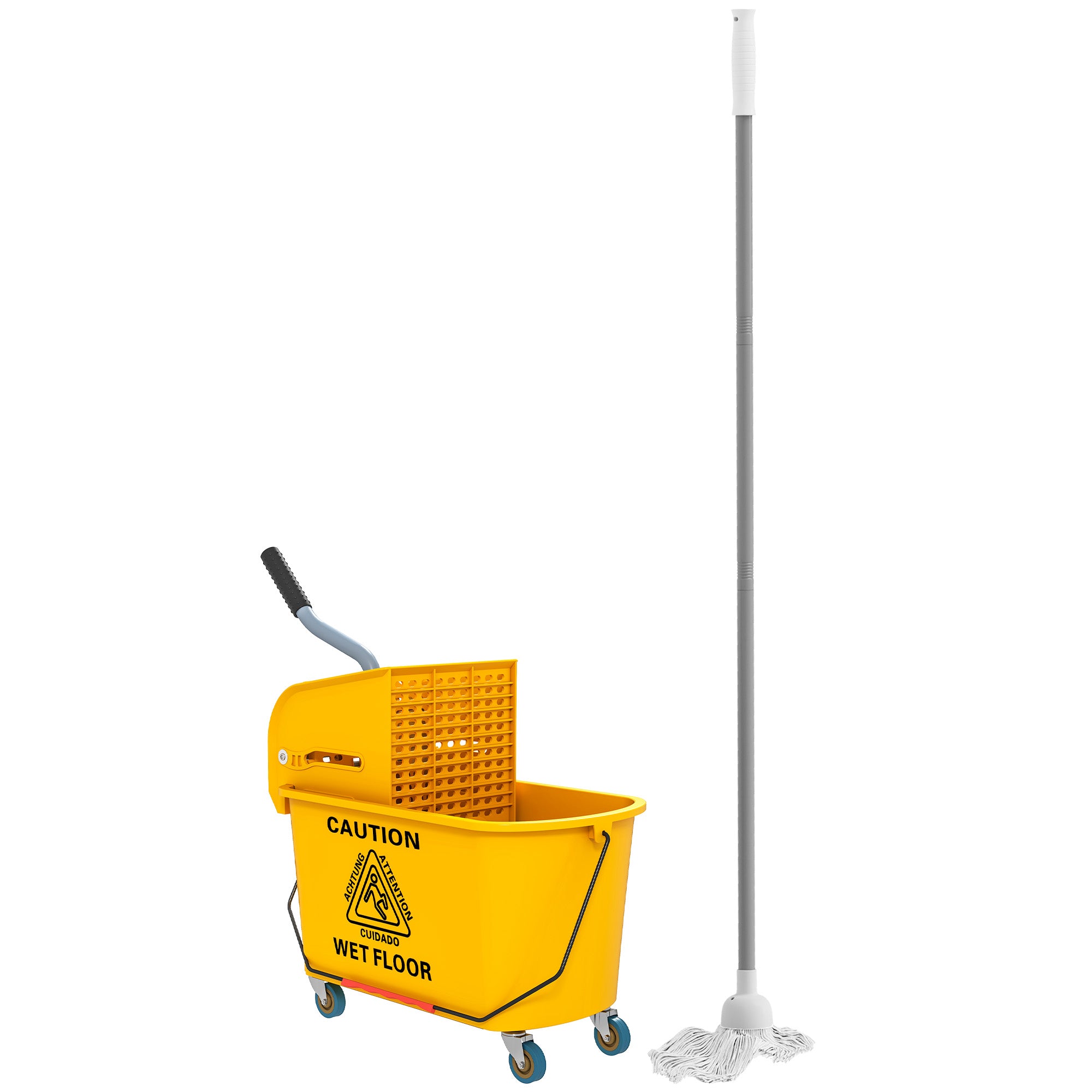 HOMCOM Mop Bucket with Wringer Set on Wheels for Floor Cleaning, 20 Litre Side Press Wringer with Handle and Mop, Yellow - North Peak Garden Furniture