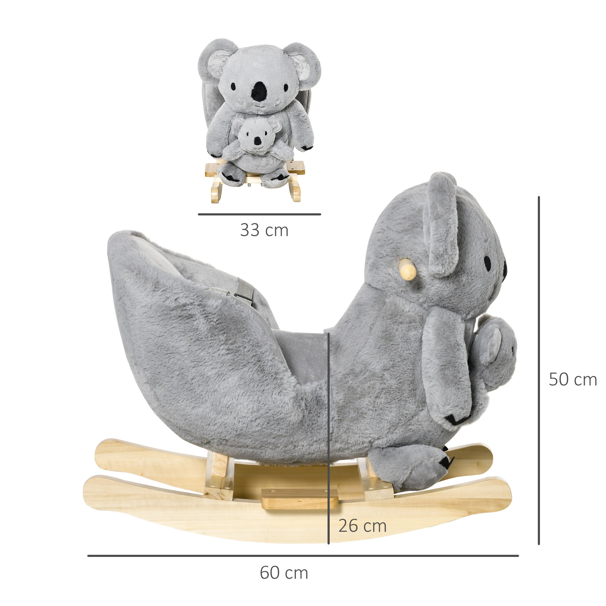 HOMCOM Kids Toddler Rocking Horse Plush Ride On Koala Rocker Wooden Base Seat Safety Belt w/ Gloved Doll Toy for 18-36 Months Grey - North Peak Garden Furniture
