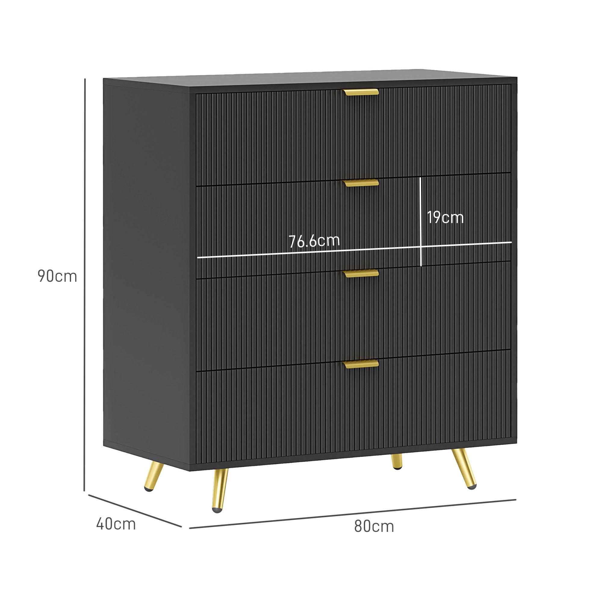 HOMCOM Bedroom Chest of Drawers with 4 Drawers, Fluted Dresser with Gold Tone Handles, Storage Cabinet for Bedroom, Living Room, Hallway, Entryway, Black