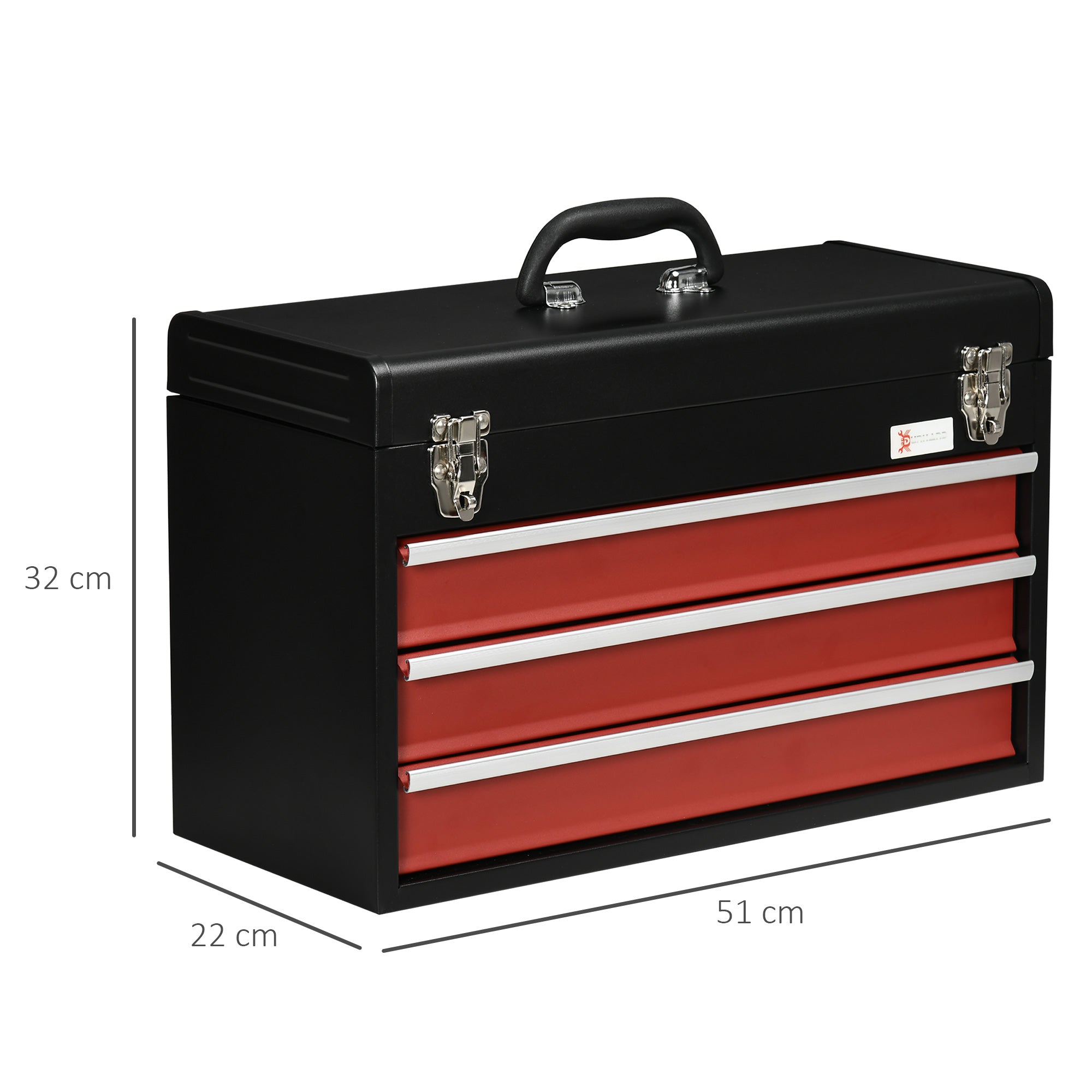 DURHAND 3 Drawer Tool Chest, Lockable Metal Tool Box with Ball Bearing Runners, Portable Toolbox, 510mm x 220mm x 320mm, Black - North Peak Garden Furniture