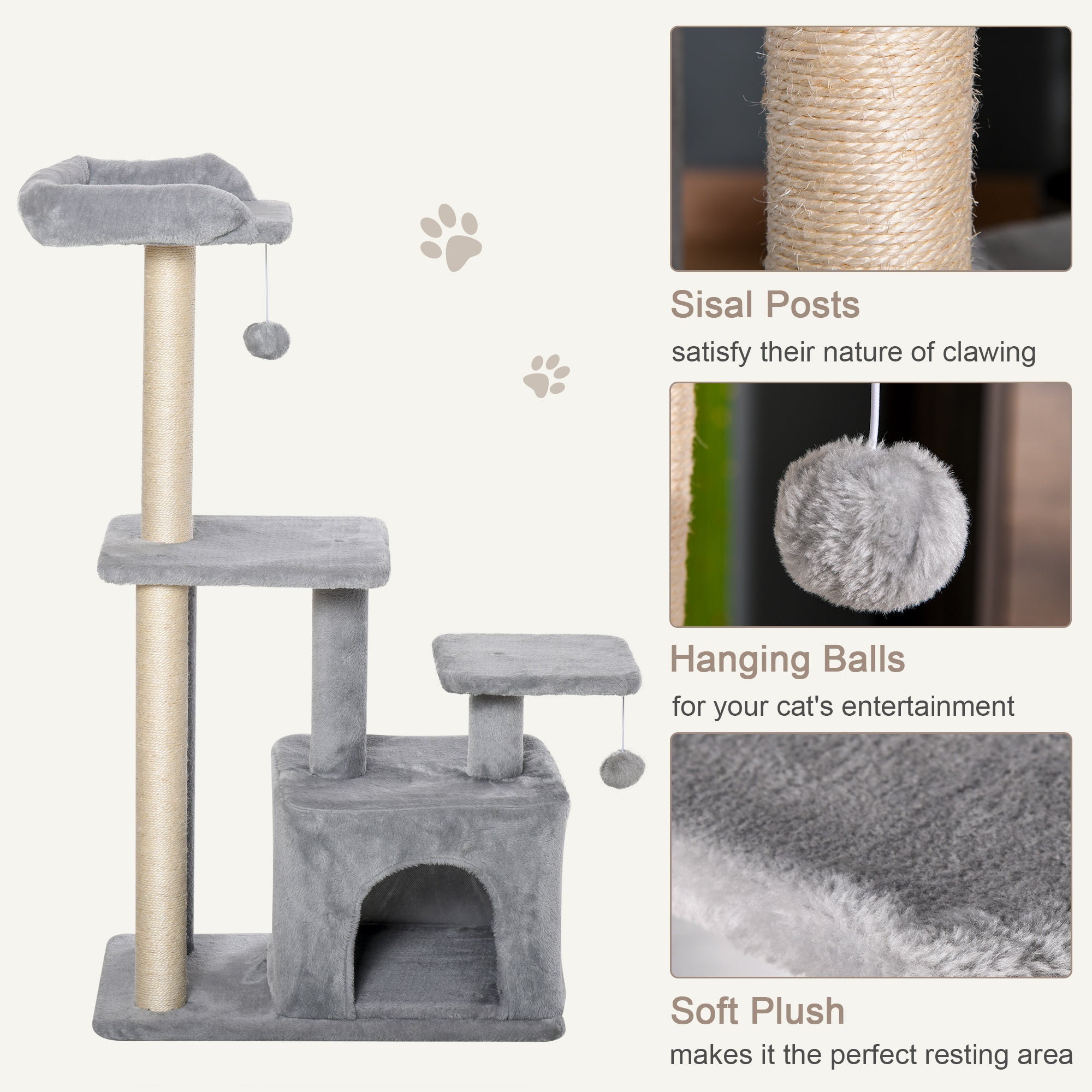 PawHut Feline Fun Tower: 114cm Tall Activity Centre with Scratching Posts, Perch, Dangling Ball & Condo, Light Grey