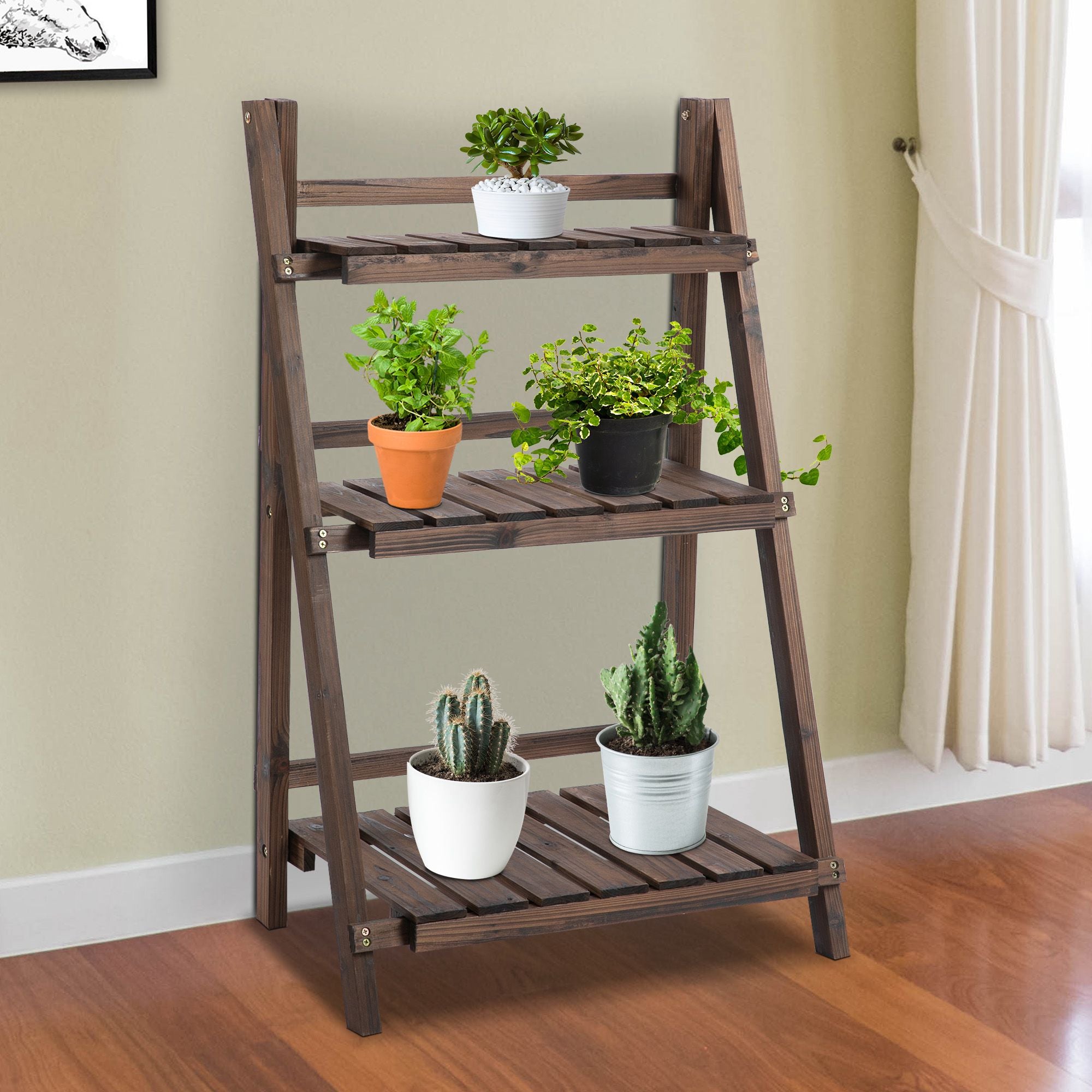 Outsunny Wooden Plant Stand: 3-Tier Foldable Shelf for Indoor/Outdoor Pots, 60L x 37W x 93H cm