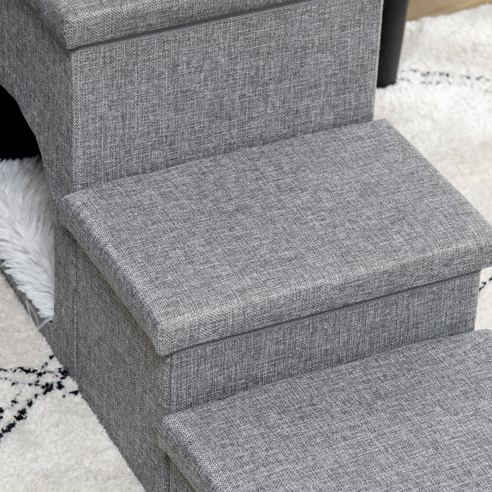 PawHut Dog Steps 3-step Pet Stairs with Kitten House and 2 Storage Boxes, 3 in 1 Dog Ramp for Sofa with Washable Plush Cushion - North Peak Garden Furniture